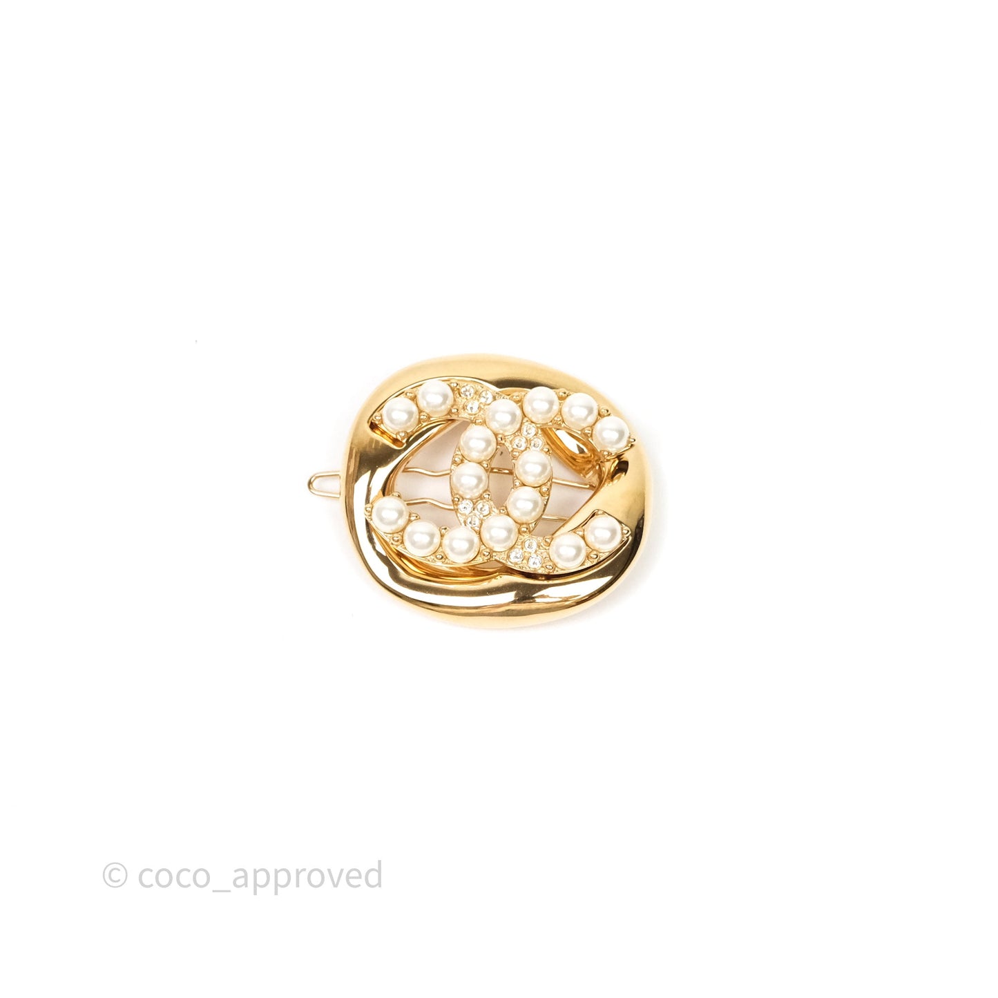 Chanel CC Pearl Round Crystal Hair Clip Gold Tone 24A