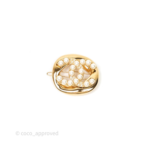 Chanel CC Pearl Round Crystal Hair Clip Gold Tone 24A