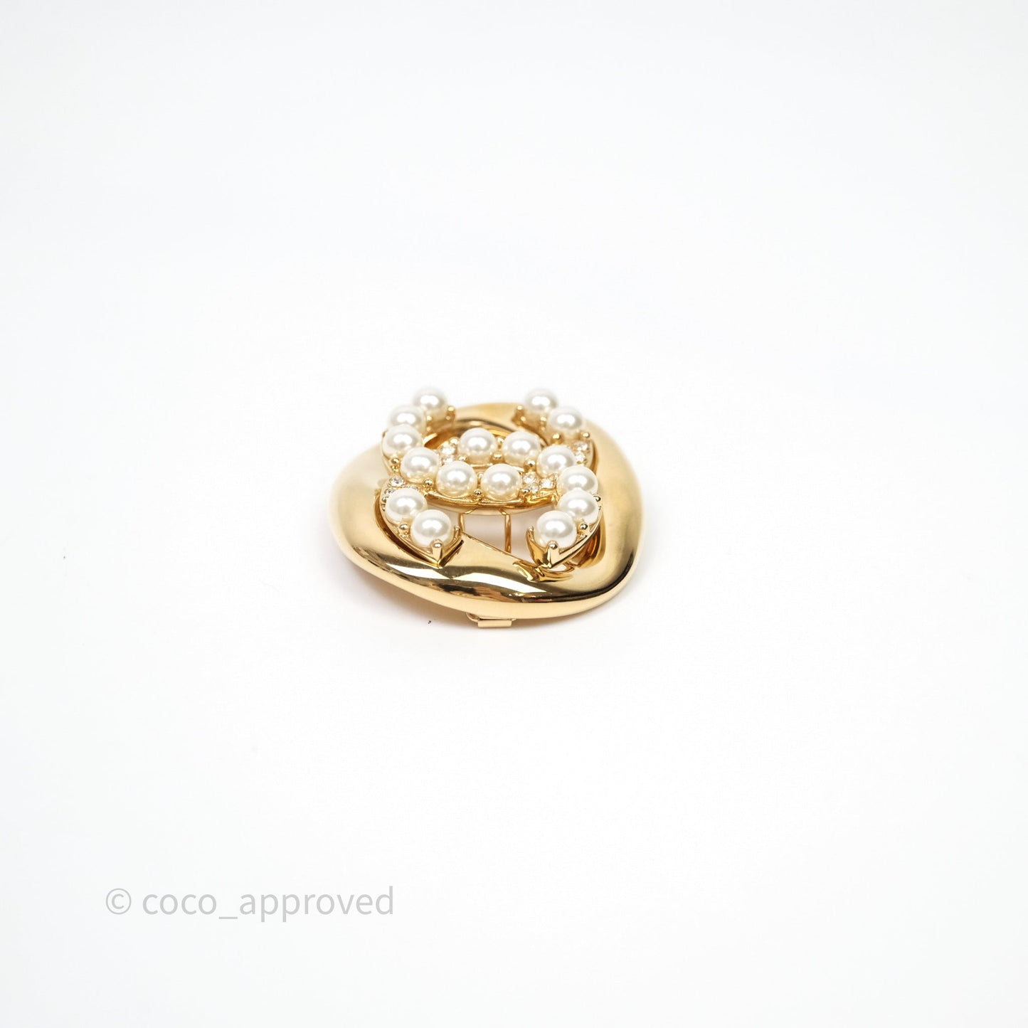 Chanel CC Pearl Round Crystal Hair Clip Gold Tone 24A
