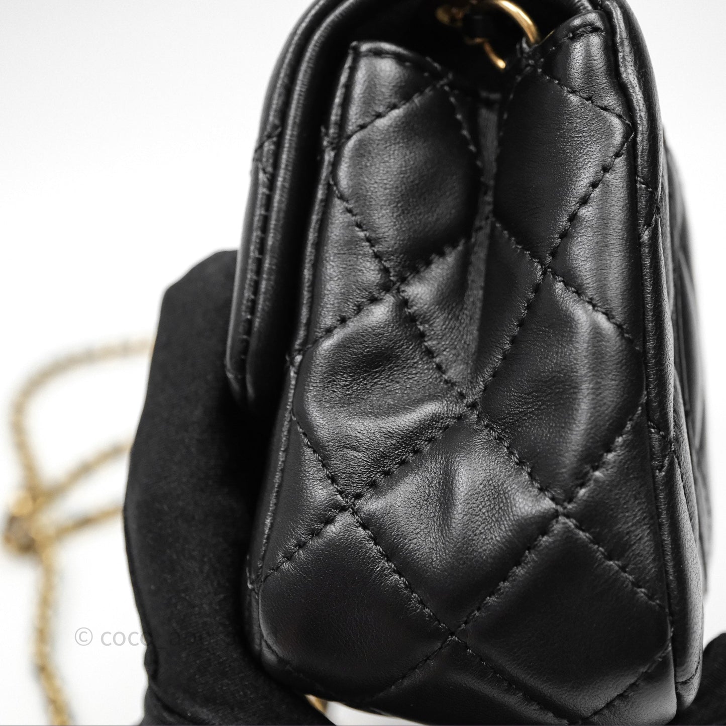 Chanel Mini Rectangular Pearl Crush Quilted Black Lambskin Aged Gold Hardware