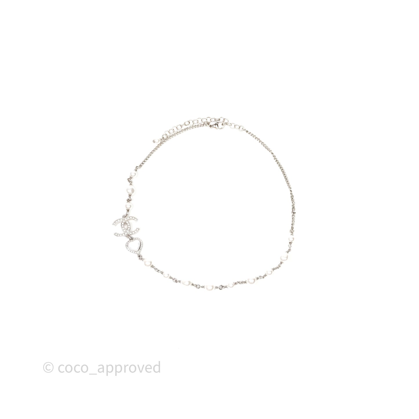 Chanel CC Crystal Heart Pearl Necklace Sliver Tone 23B