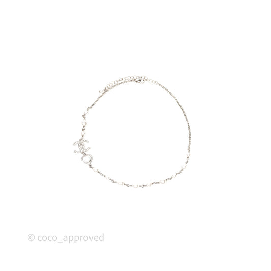 Chanel CC Crystal Heart Pearl Necklace Sliver Tone 23B