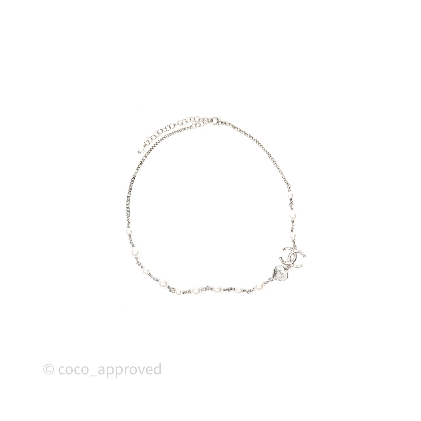 Chanel CC Crystal Heart Pearl Necklace Sliver Tone 23B