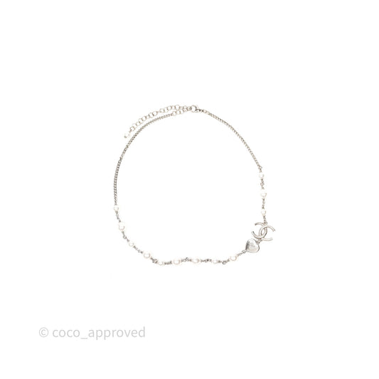 Chanel CC Crystal Heart Pearl Necklace Sliver Tone 23B