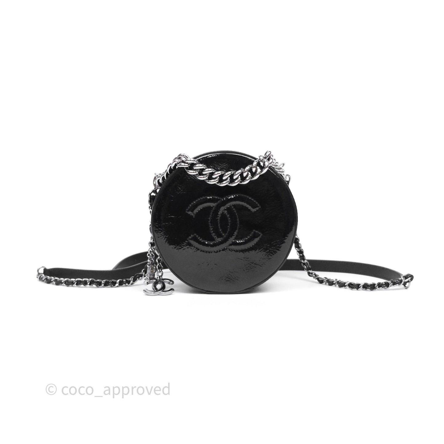 Chanel Round As Earth Bag with Owl Charm Black Patent Silver Hardware