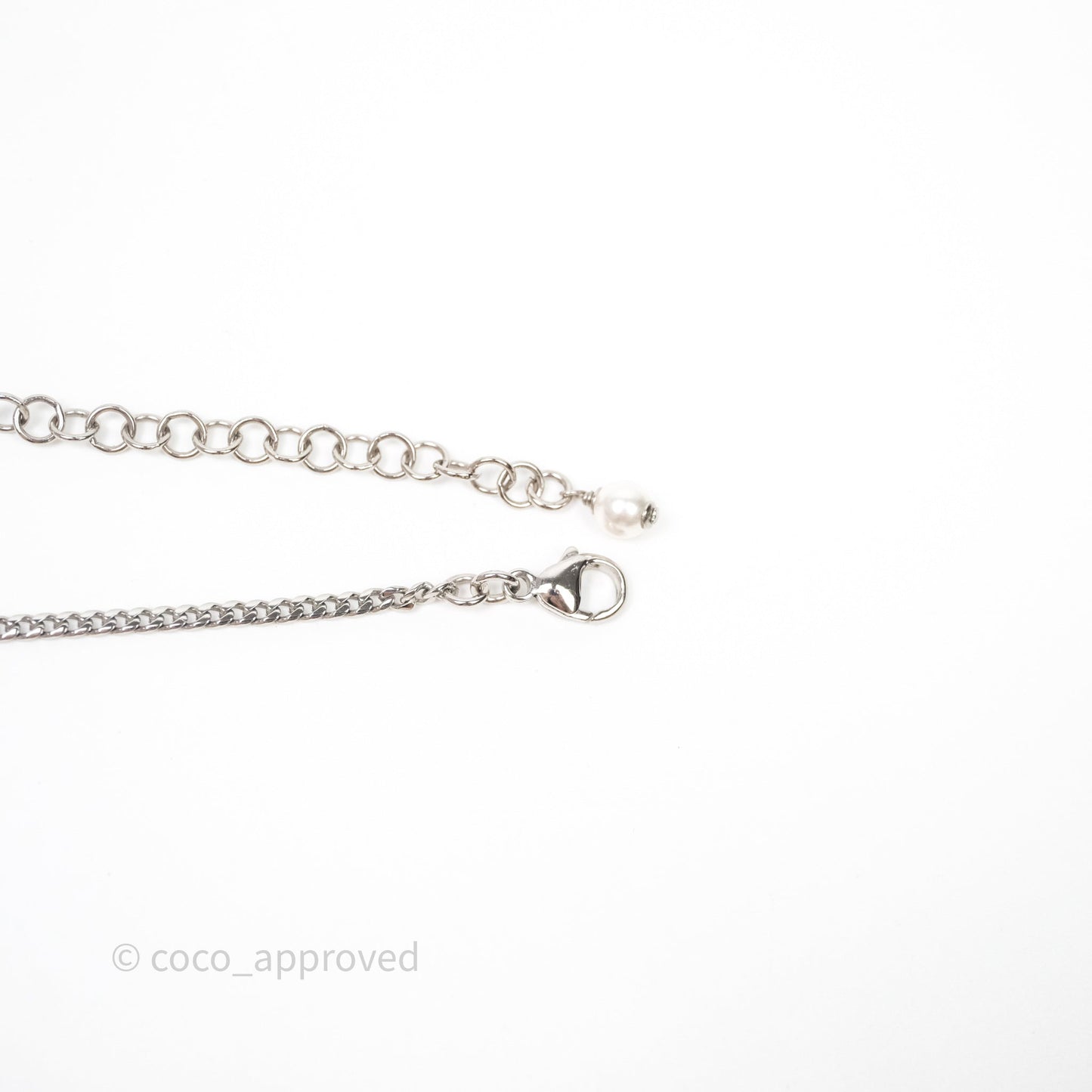 Chanel CC Crystal Heart Pearl Necklace Sliver Tone 23B