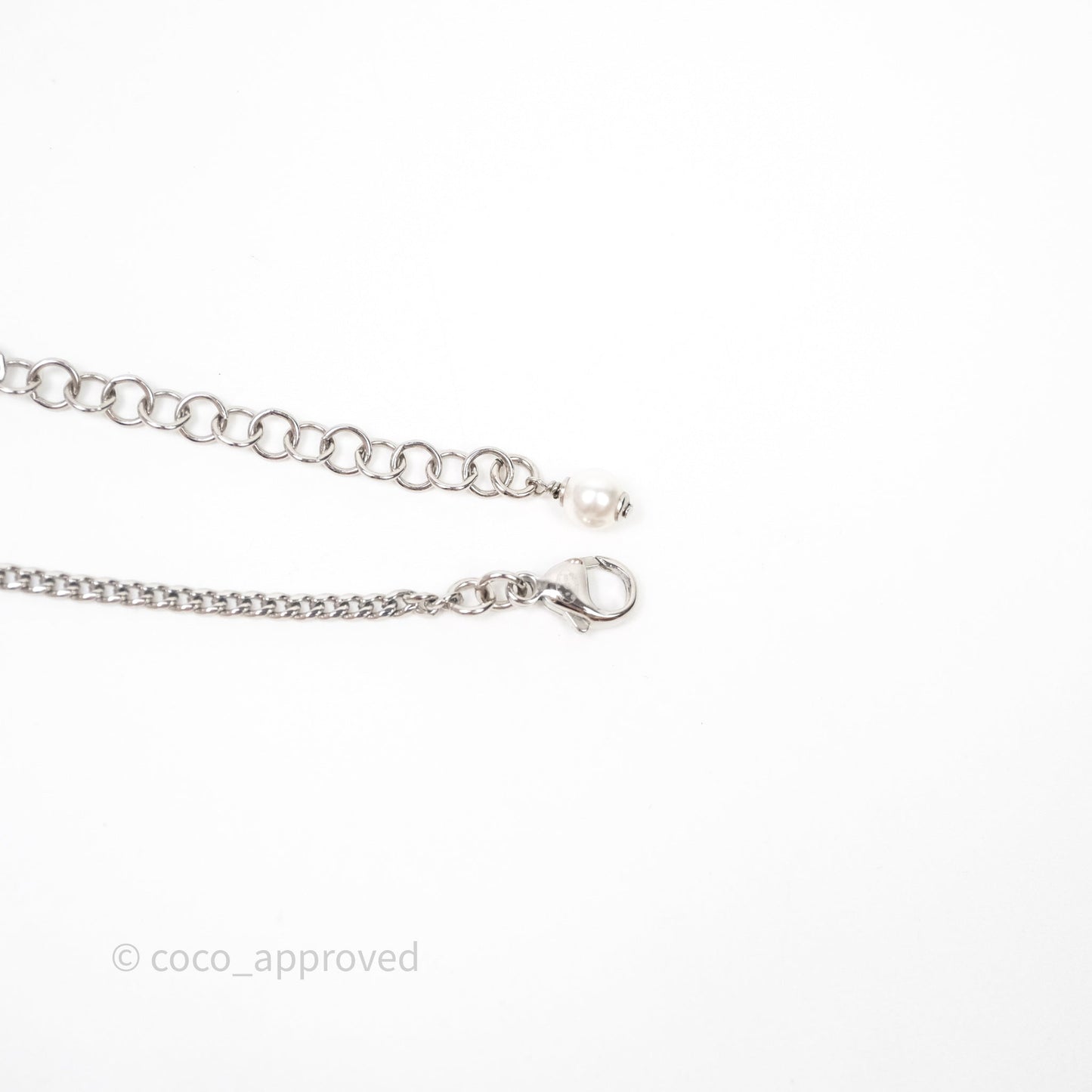 Chanel CC Crystal Heart Pearl Necklace Sliver Tone 23B
