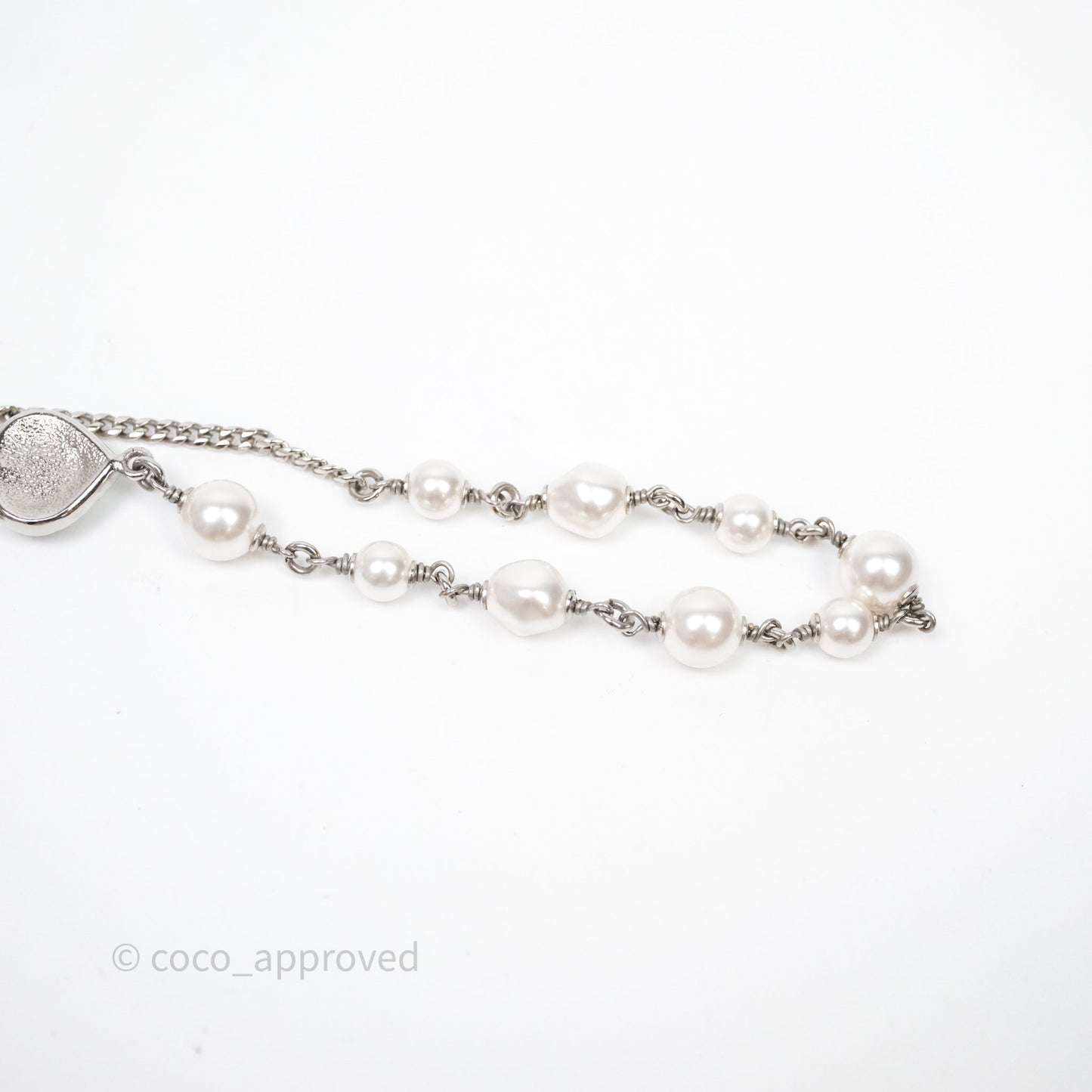 Chanel CC Crystal Heart Pearl Necklace Sliver Tone 23B