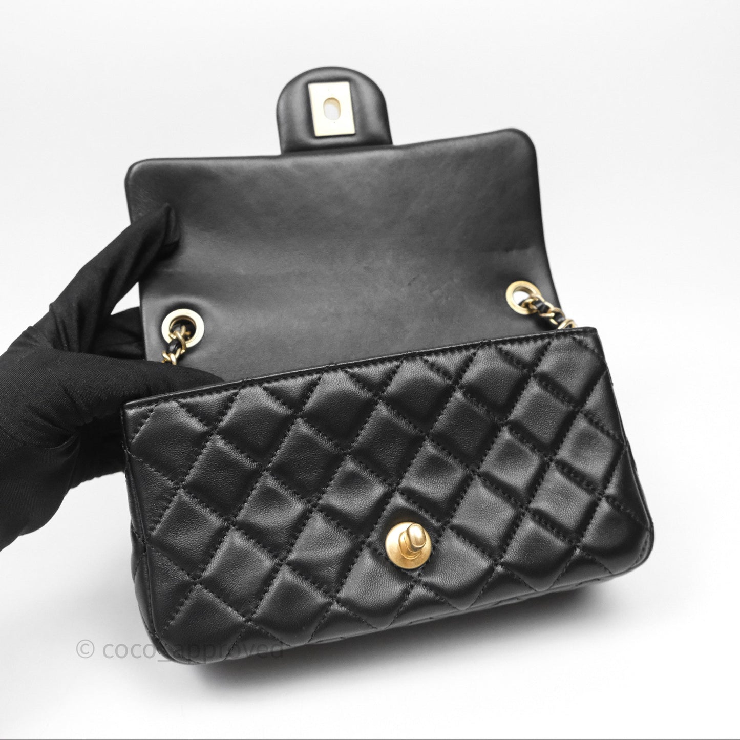 Chanel Mini Rectangular Pearl Crush Quilted Black Lambskin Aged Gold Hardware