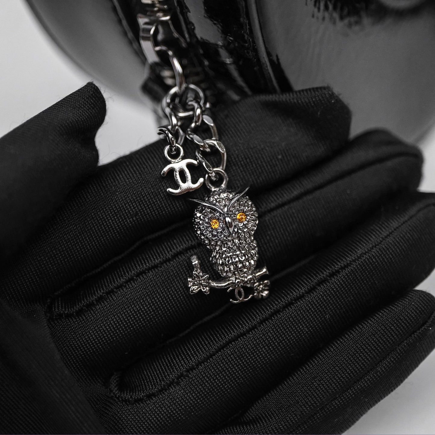 Chanel Round As Earth Bag with Owl Charm Black Patent Silver Hardware