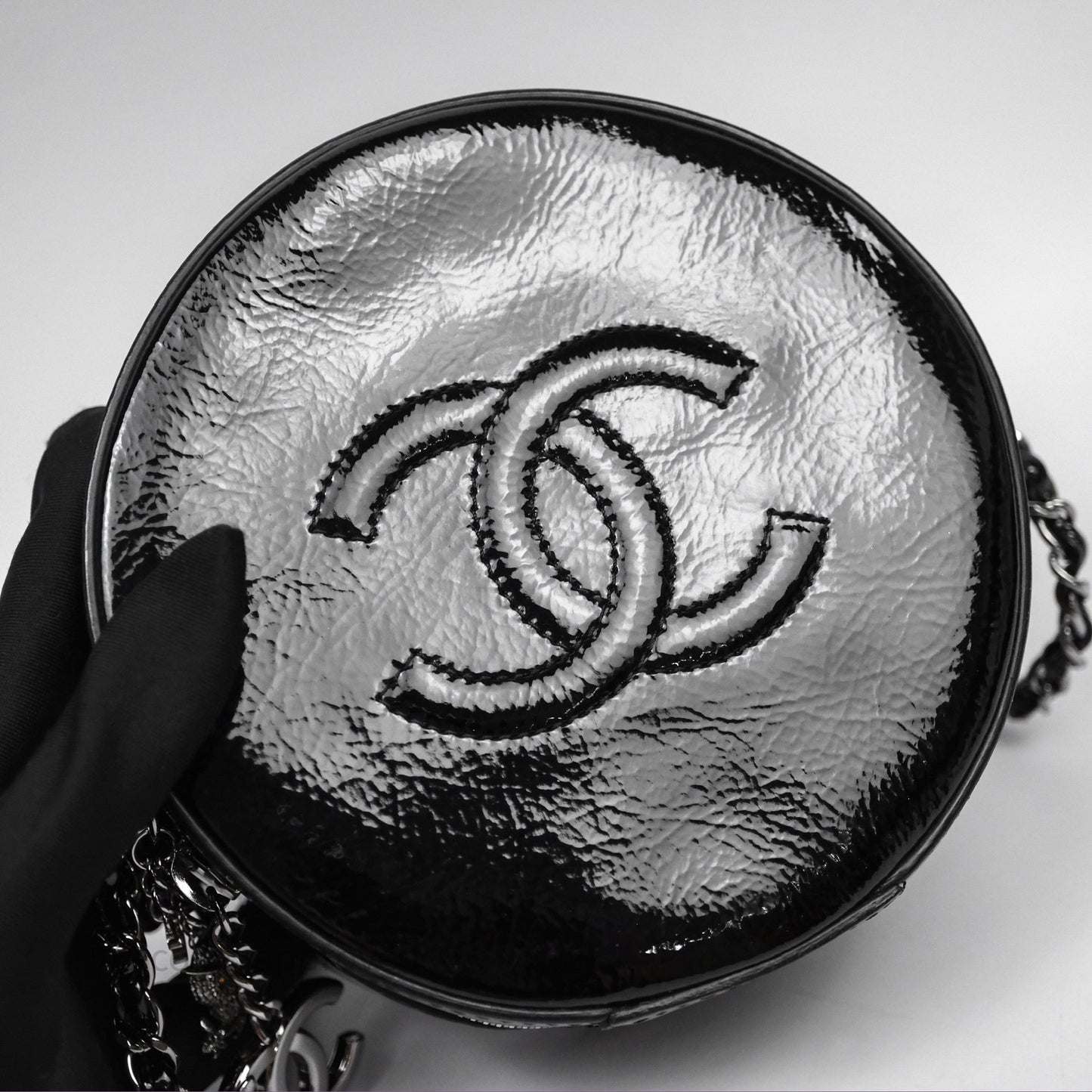 Chanel Round As Earth Bag with Owl Charm Black Patent Silver Hardware