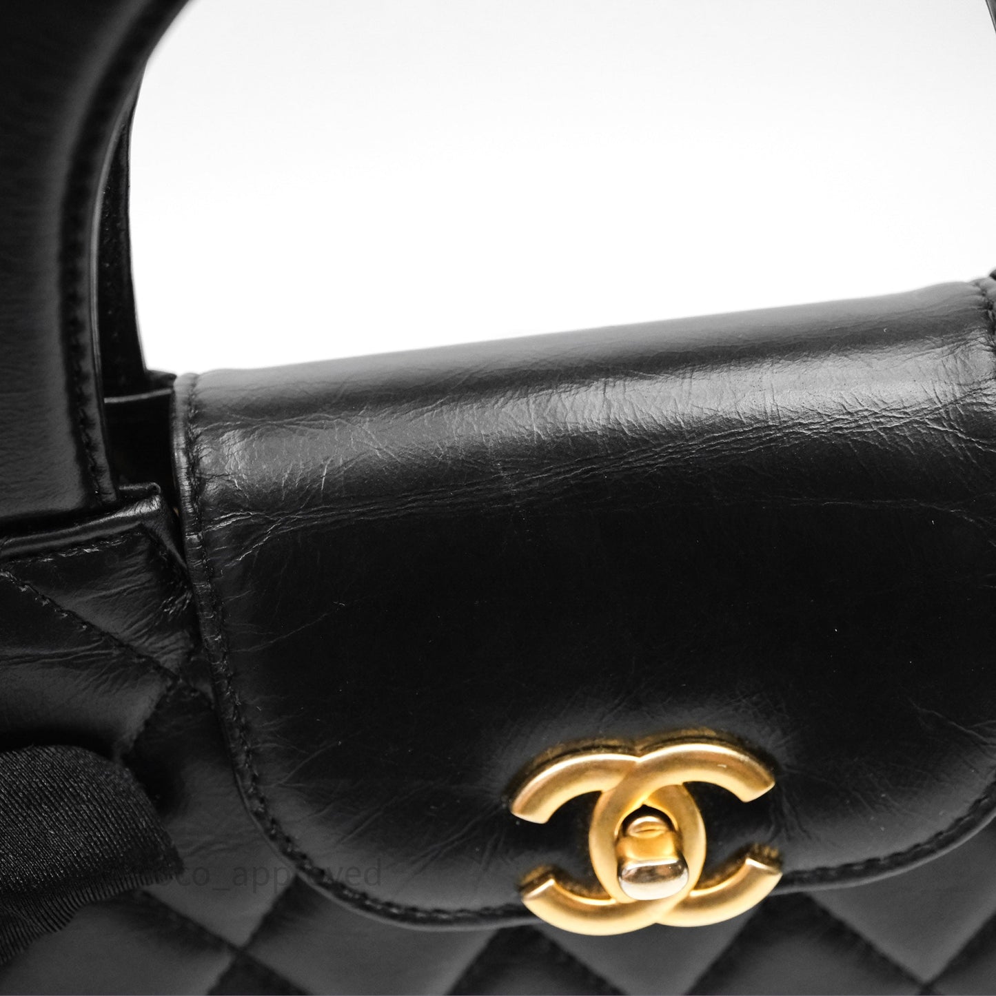 Chanel Kelly Bag Quilted Black Shiny Crumpled Calfskin Aged Gold Hardware