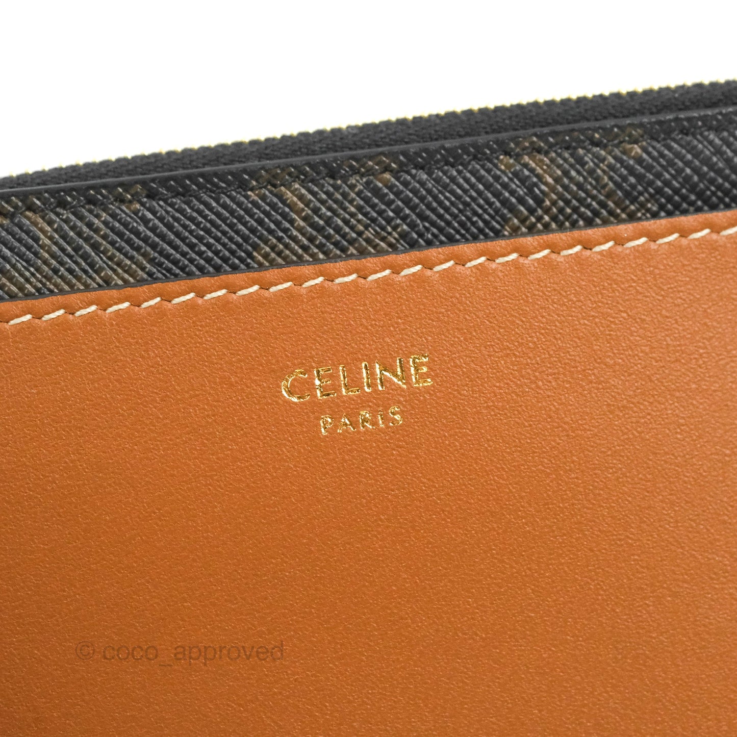 Celine Zipped Card Holder Triomphe Canvas Tan Lambskin