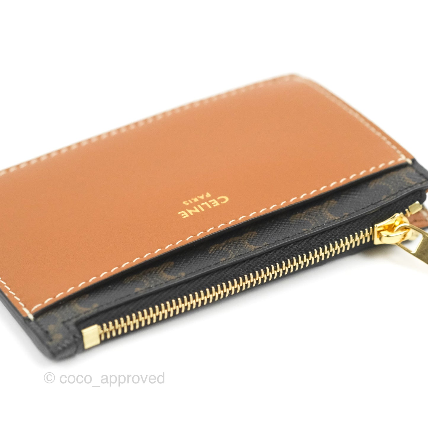 Celine Zipped Card Holder Triomphe Canvas Tan Lambskin