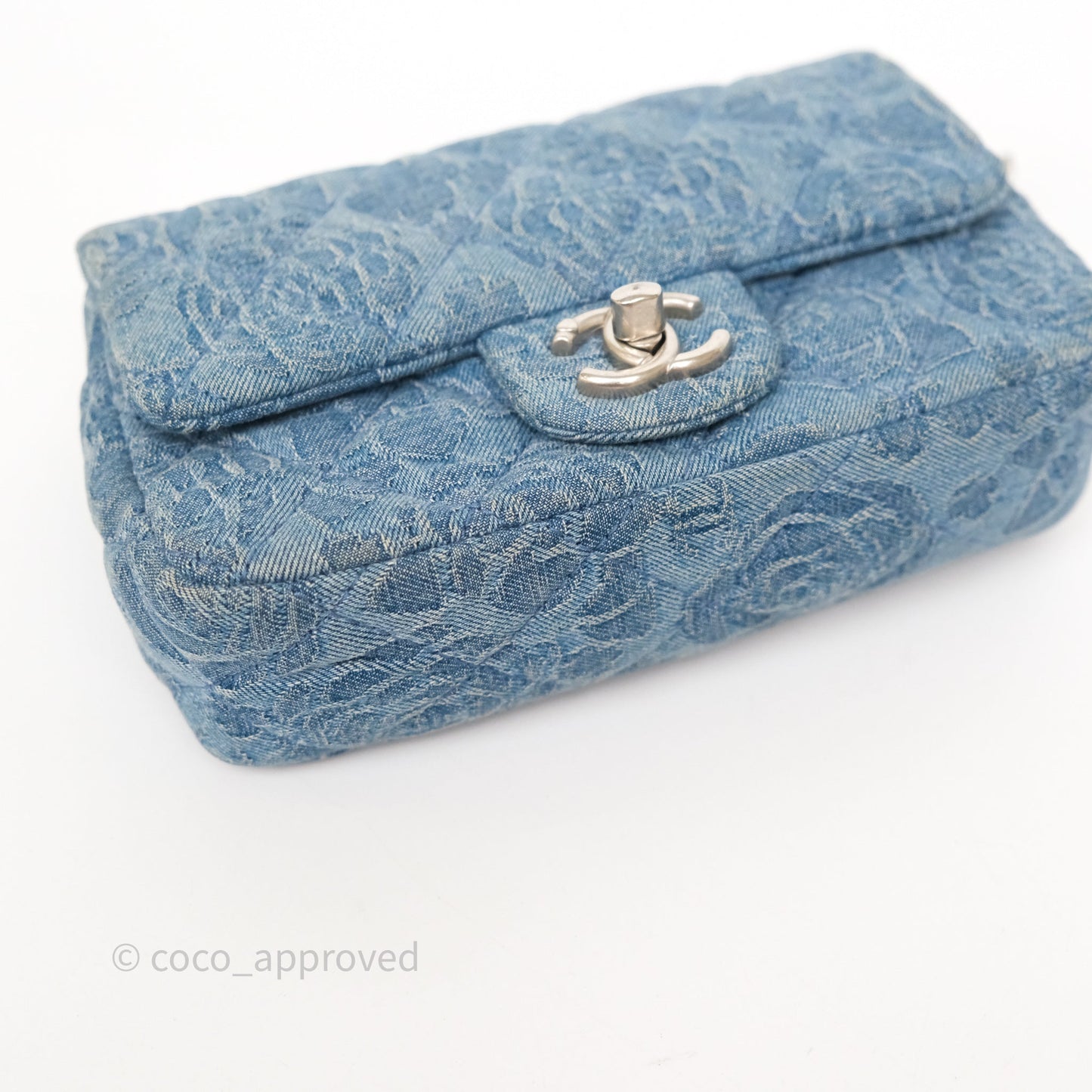 Chanel Mini Camellia Printed Heart Crush Flap Bag Blue Denim Aged Silver Hardware