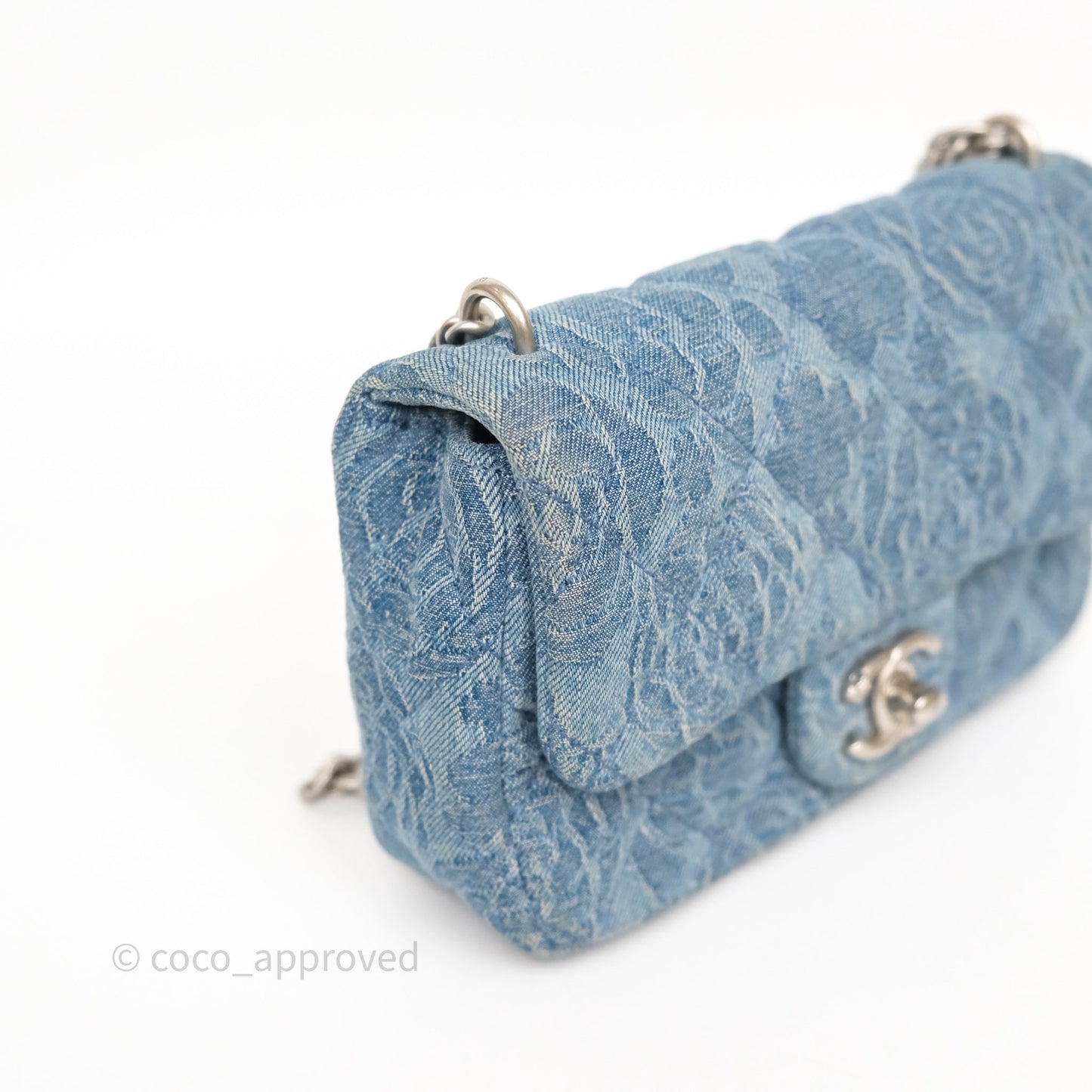 Chanel Mini Camellia Printed Heart Crush Flap Bag Blue Denim Aged Silver Hardware