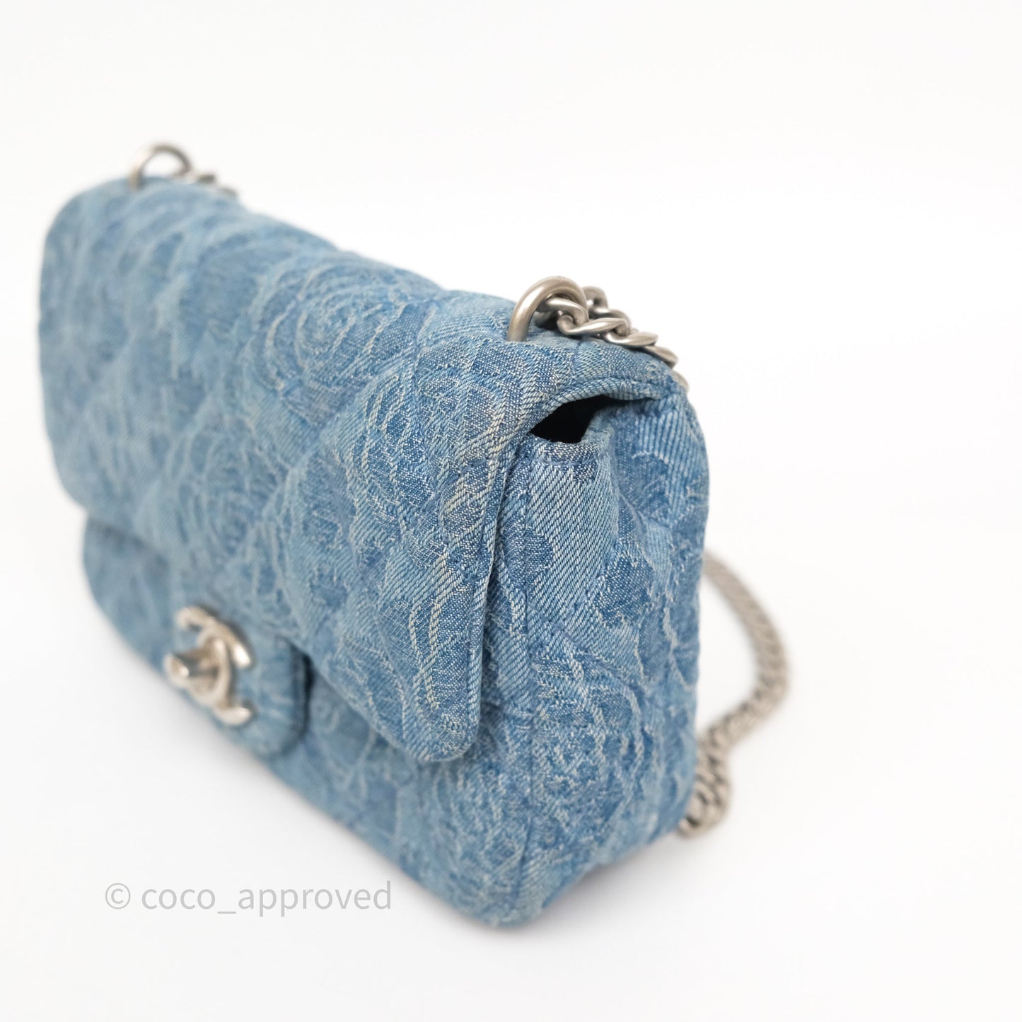 Chanel Mini Camellia Printed Heart Crush Flap Bag Blue Denim Aged Silver Hardware
