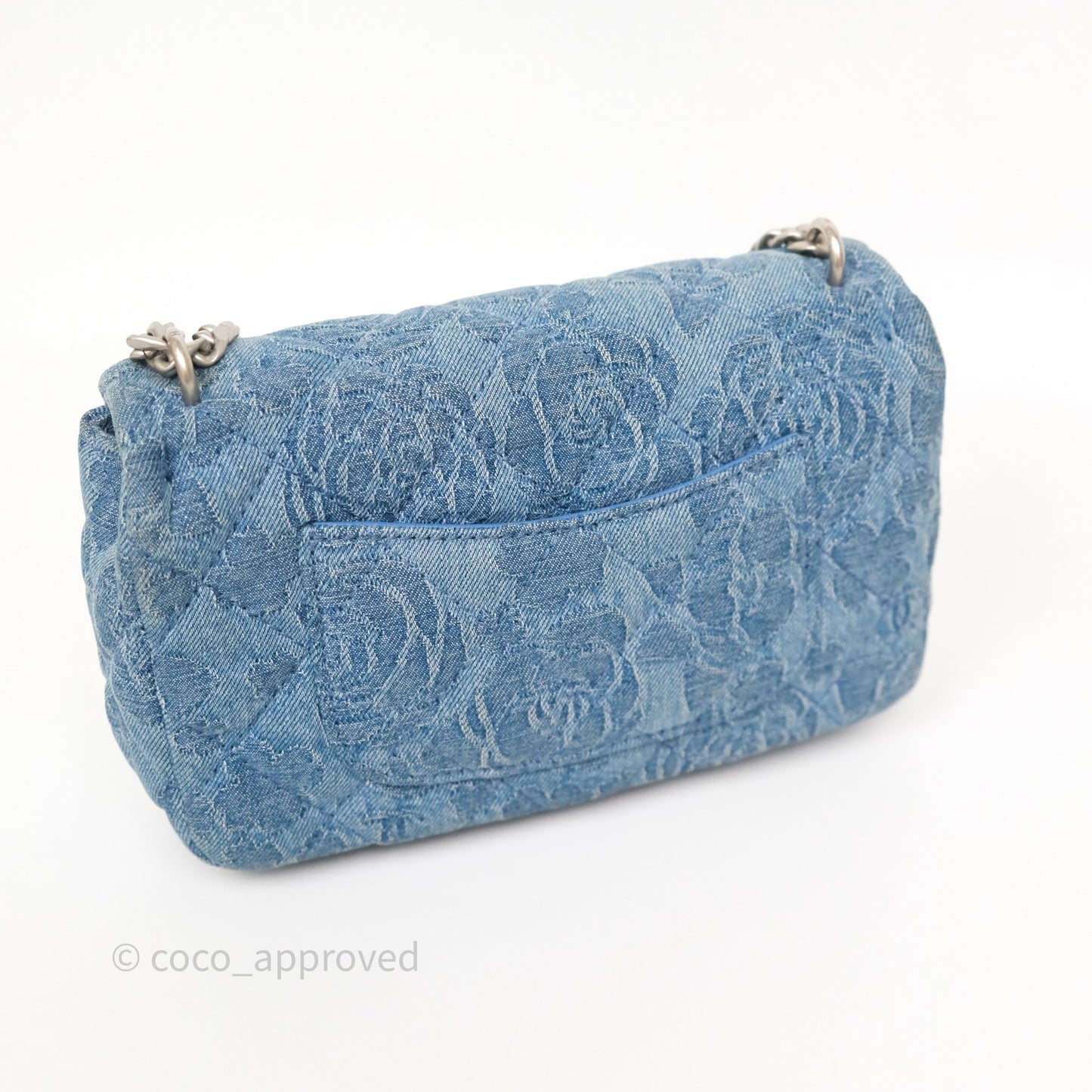 Chanel Mini Camellia Printed Heart Crush Flap Bag Blue Denim Aged Silver Hardware