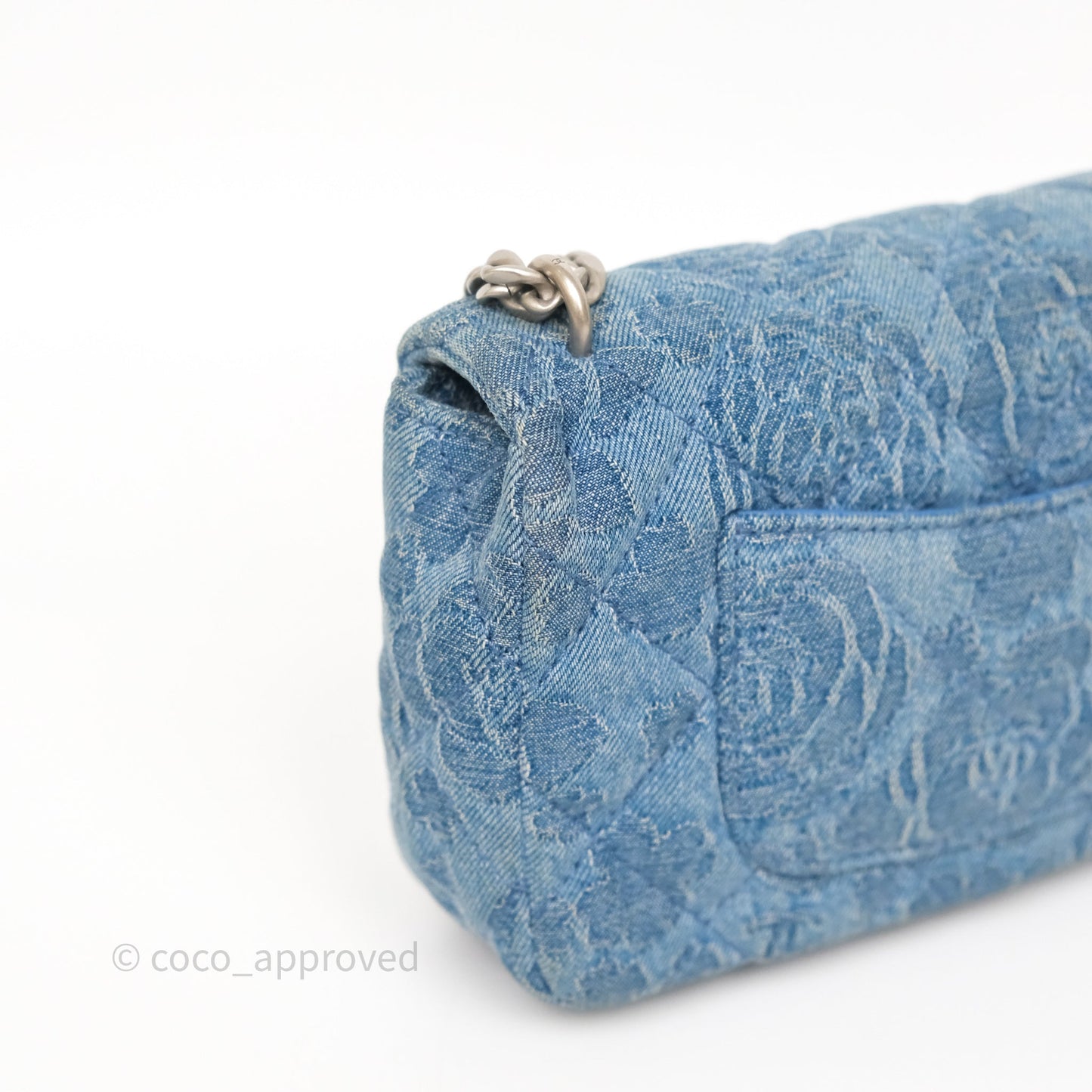 Chanel Mini Camellia Printed Heart Crush Flap Bag Blue Denim Aged Silver Hardware