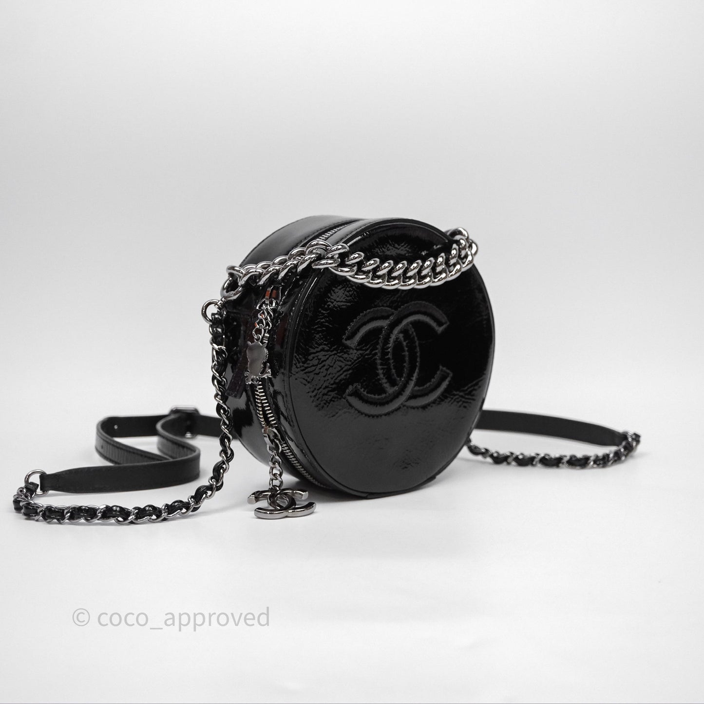 Chanel Round As Earth Bag with Owl Charm Black Patent Silver Hardware