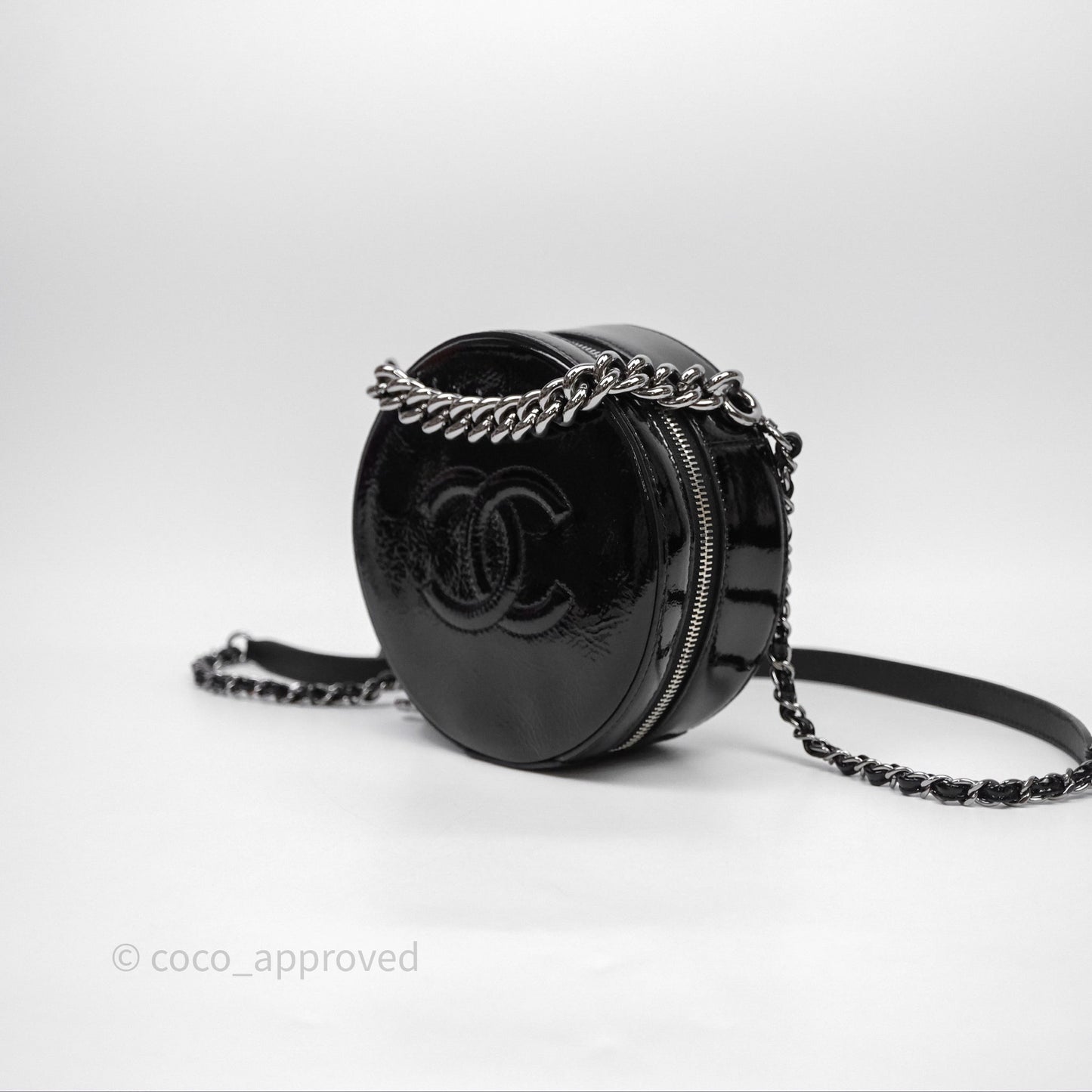 Chanel Round As Earth Bag with Owl Charm Black Patent Silver Hardware