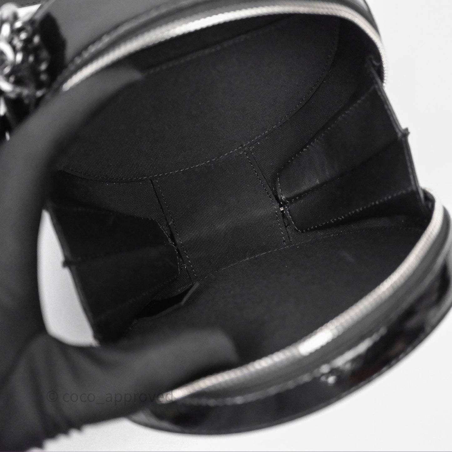 Chanel Round As Earth Bag with Owl Charm Black Patent Silver Hardware