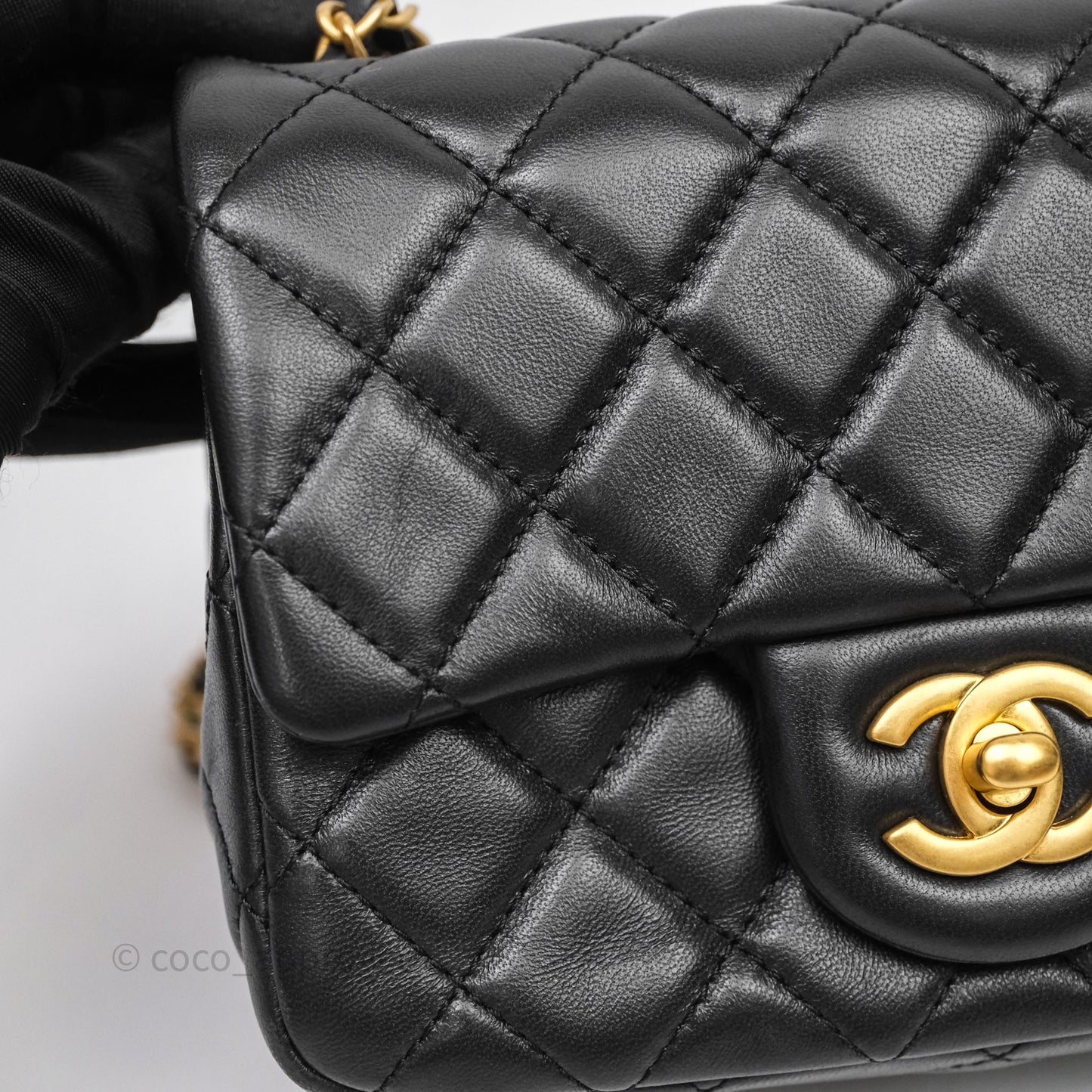 Chanel Pearl Crush Mini Square Quilted Black Lambskin Aged Gold Hardware
