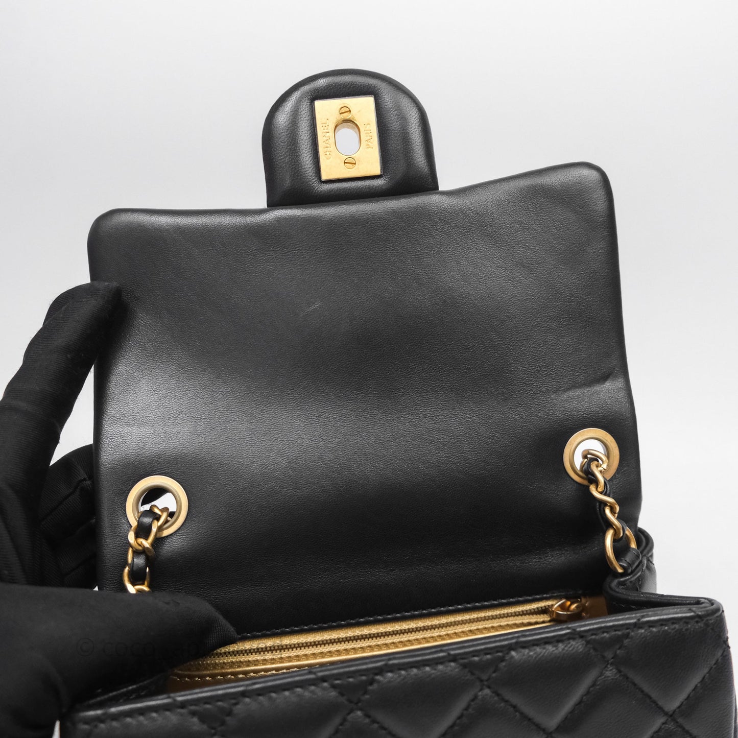 Chanel Pearl Crush Mini Square Quilted Black Lambskin Aged Gold Hardware