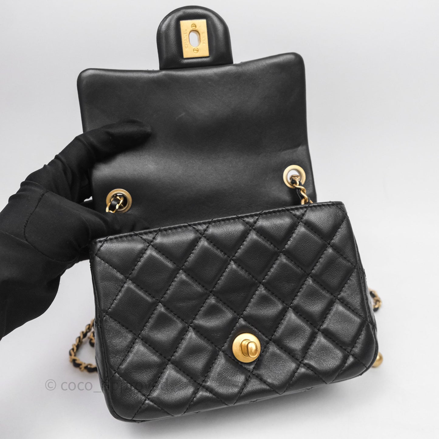 Chanel Pearl Crush Mini Square Quilted Black Lambskin Aged Gold Hardware