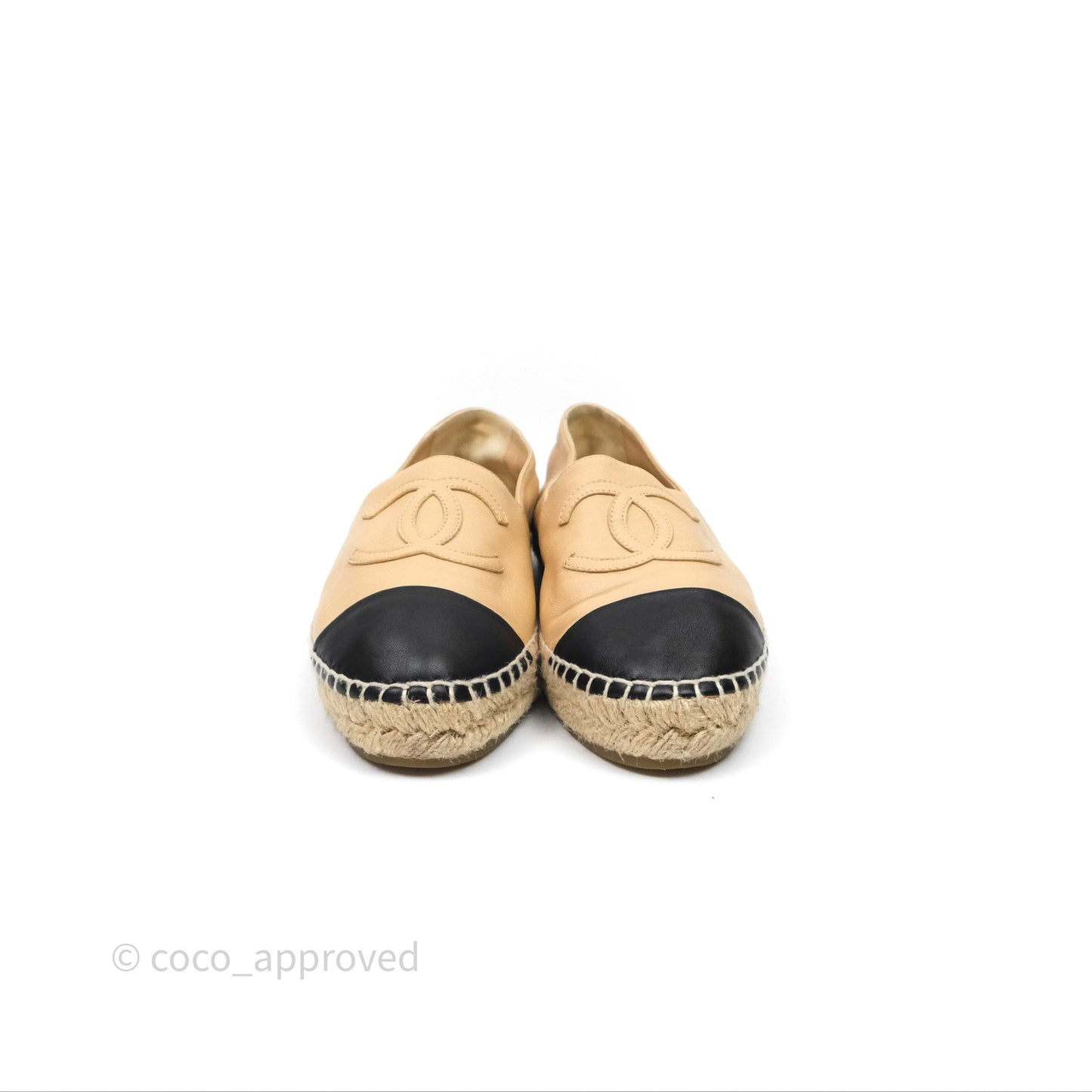 Chanel CC Espadrilles Beige Black Lambskin Size 37