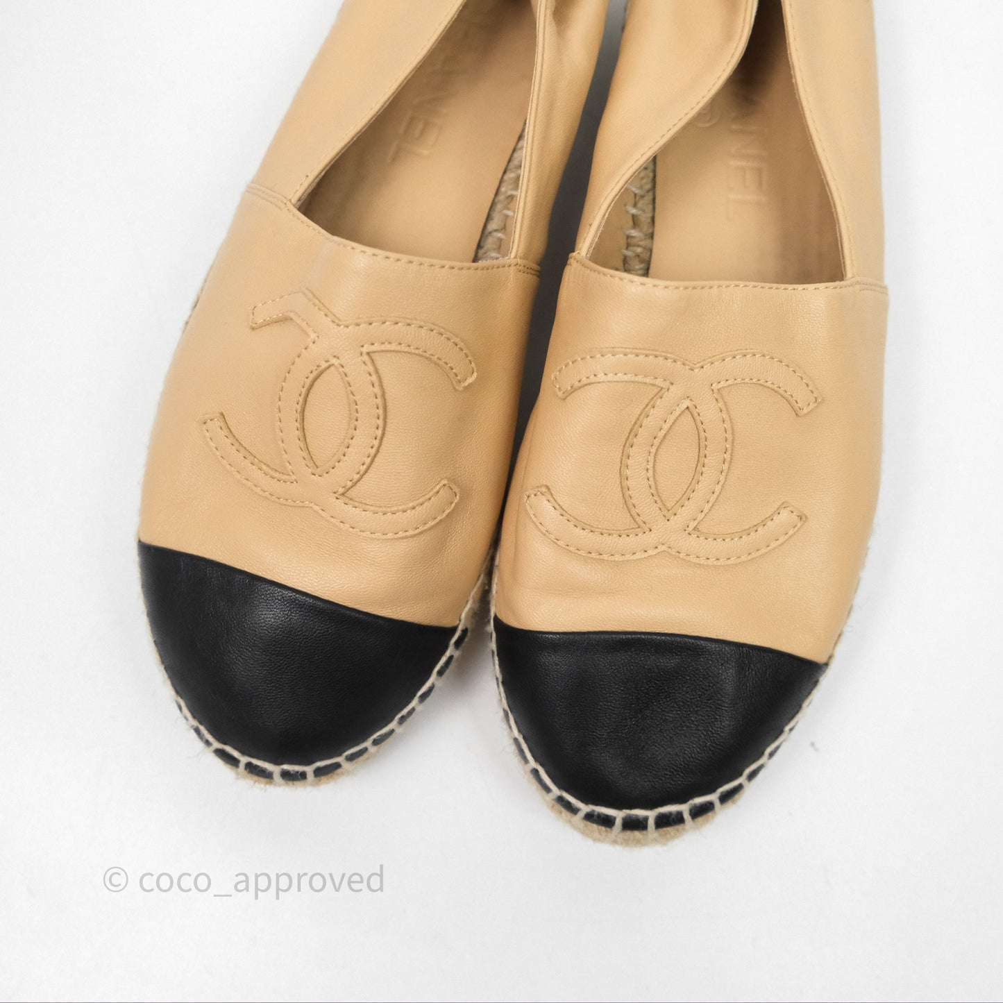 Chanel CC Espadrilles Beige Black Lambskin Size 37