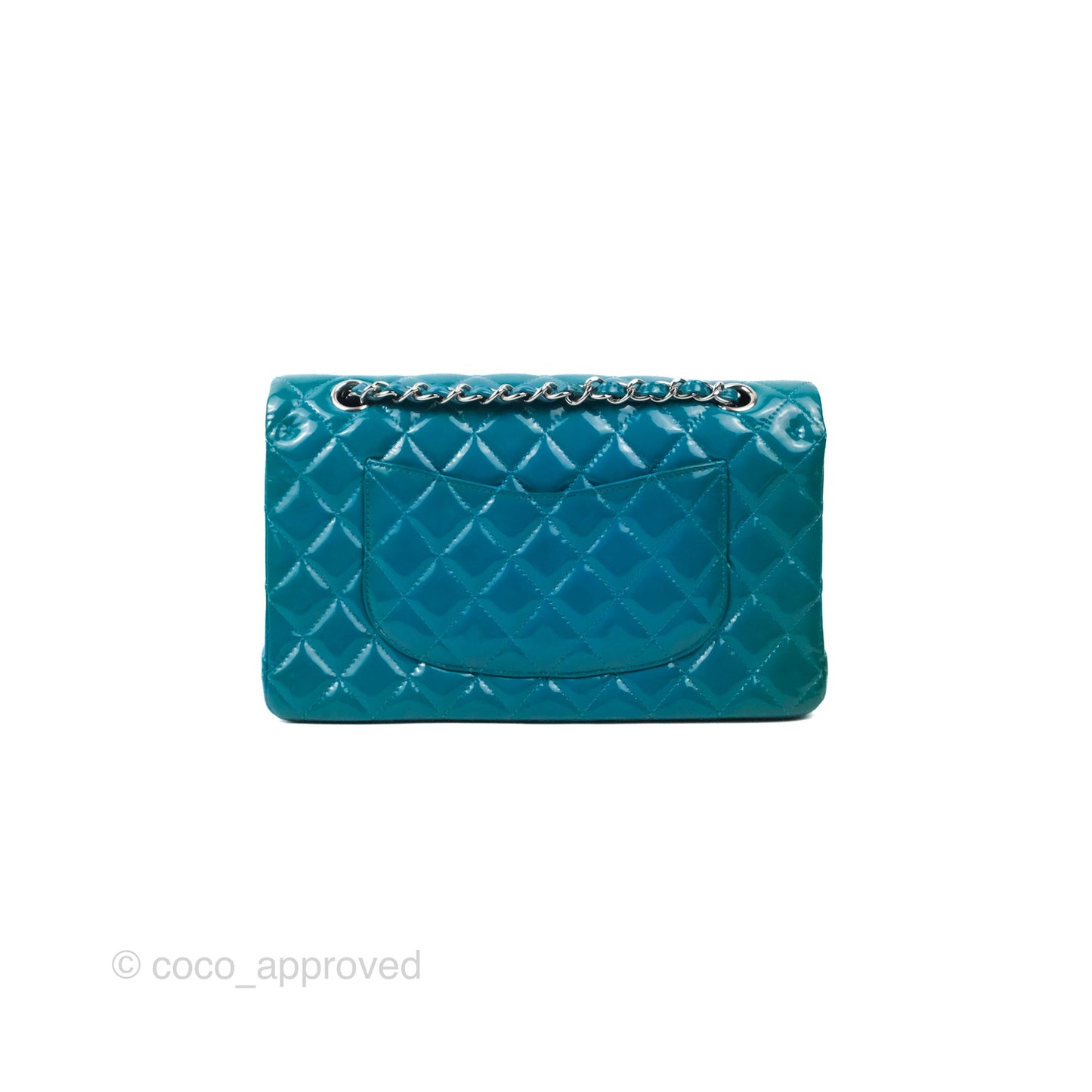 Chanel Classic M/L Medium Flap Quilted Turquoise Patent Silver Hardware