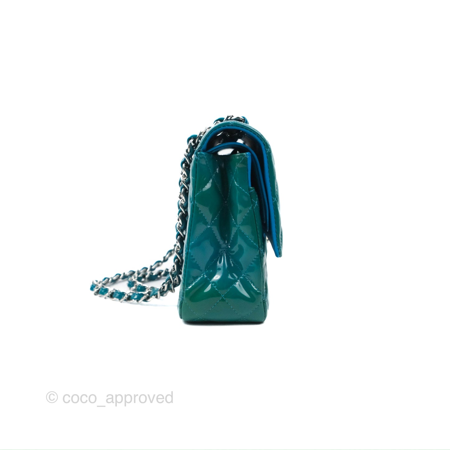 Chanel Classic M/L Medium Flap Quilted Turquoise Patent Silver Hardware