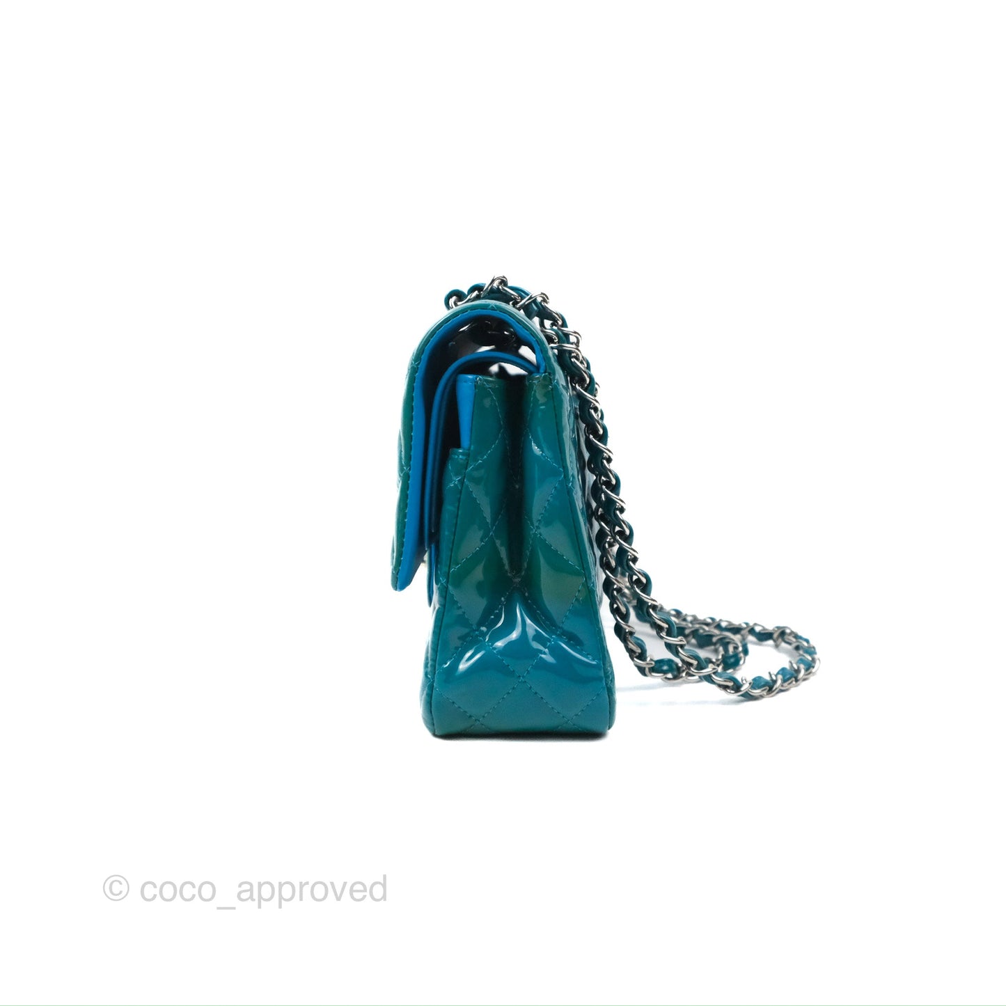 Chanel Classic M/L Medium Flap Quilted Turquoise Patent Silver Hardware