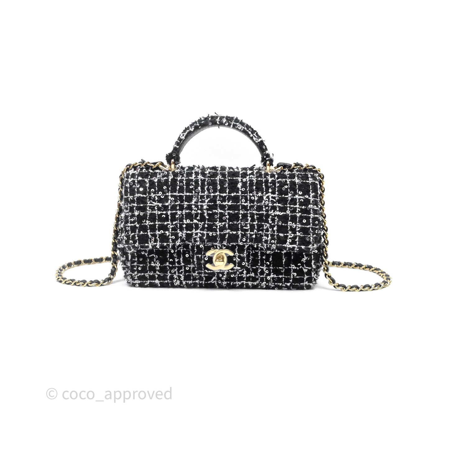 Chanel Top Handle Mini Rectangular Flap Black/ White Sequin Tweed Gold Hardware