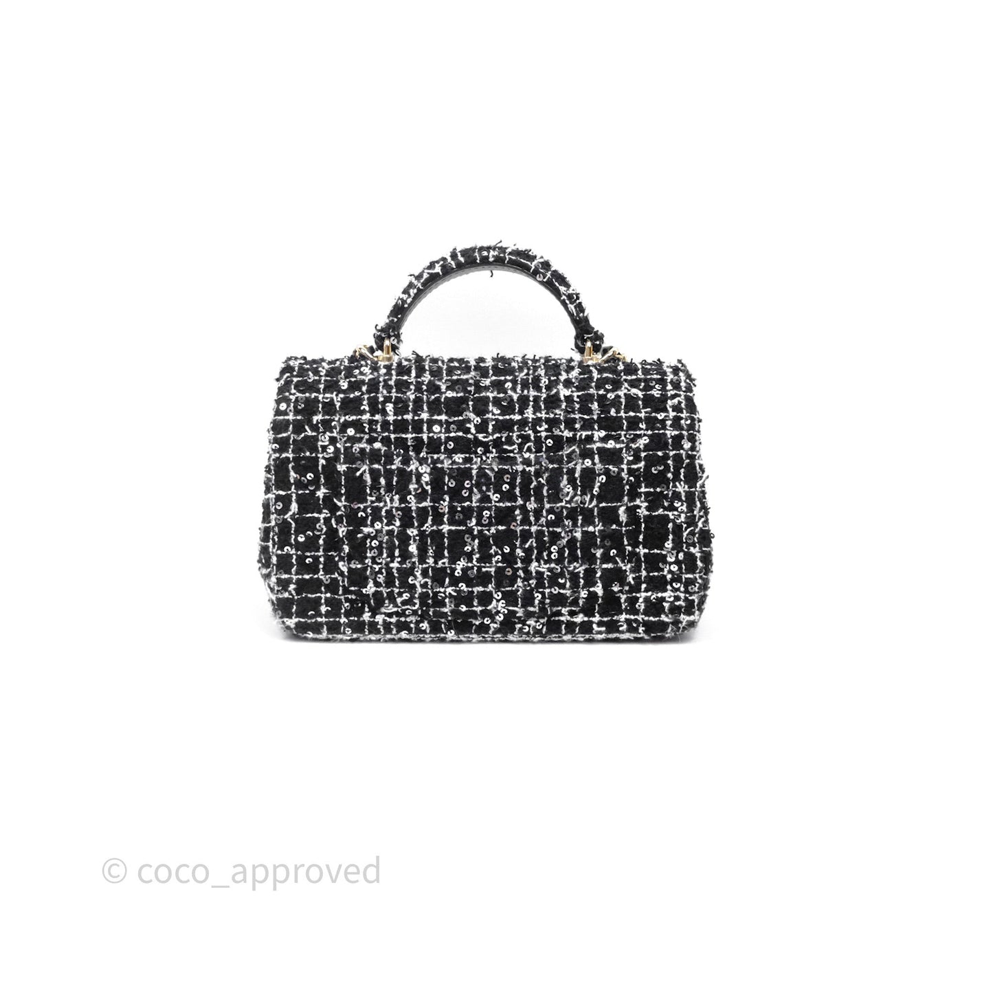 Chanel Top Handle Mini Rectangular Flap Black/ White Sequin Tweed Gold Hardware