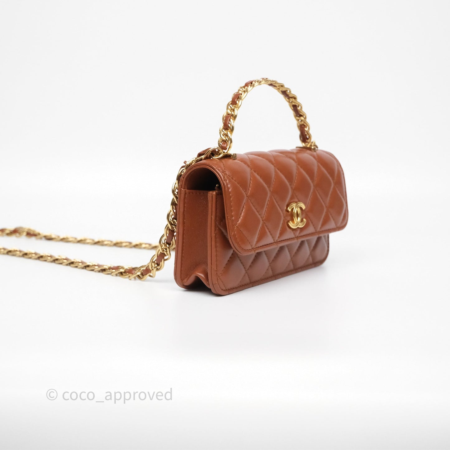 Chanel Top Handle Mini WOC Phone Holder with Chain Dark Caramel Lambskin Gold Hardware