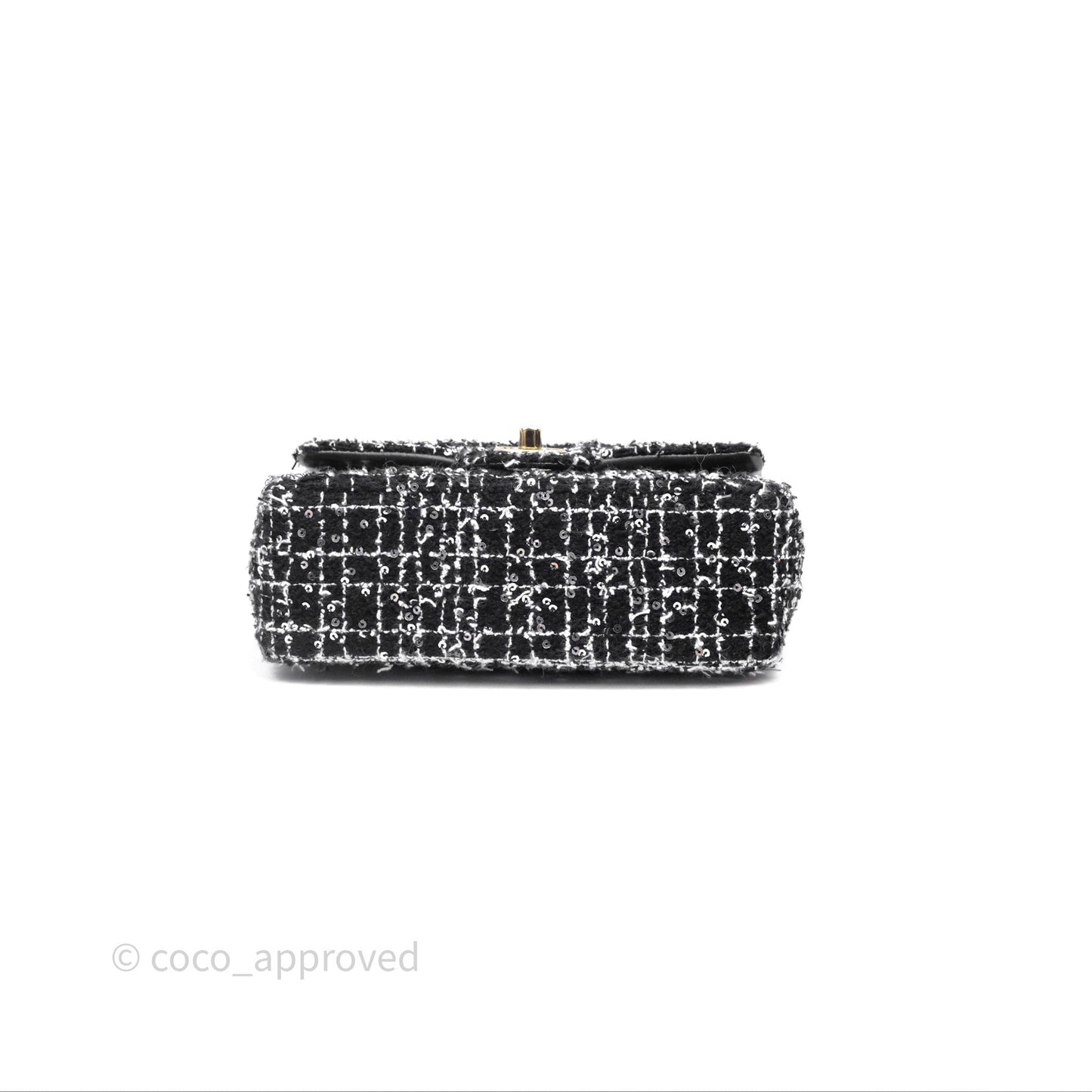 Chanel Top Handle Mini Rectangular Flap Black/ White Sequin Tweed Gold Hardware