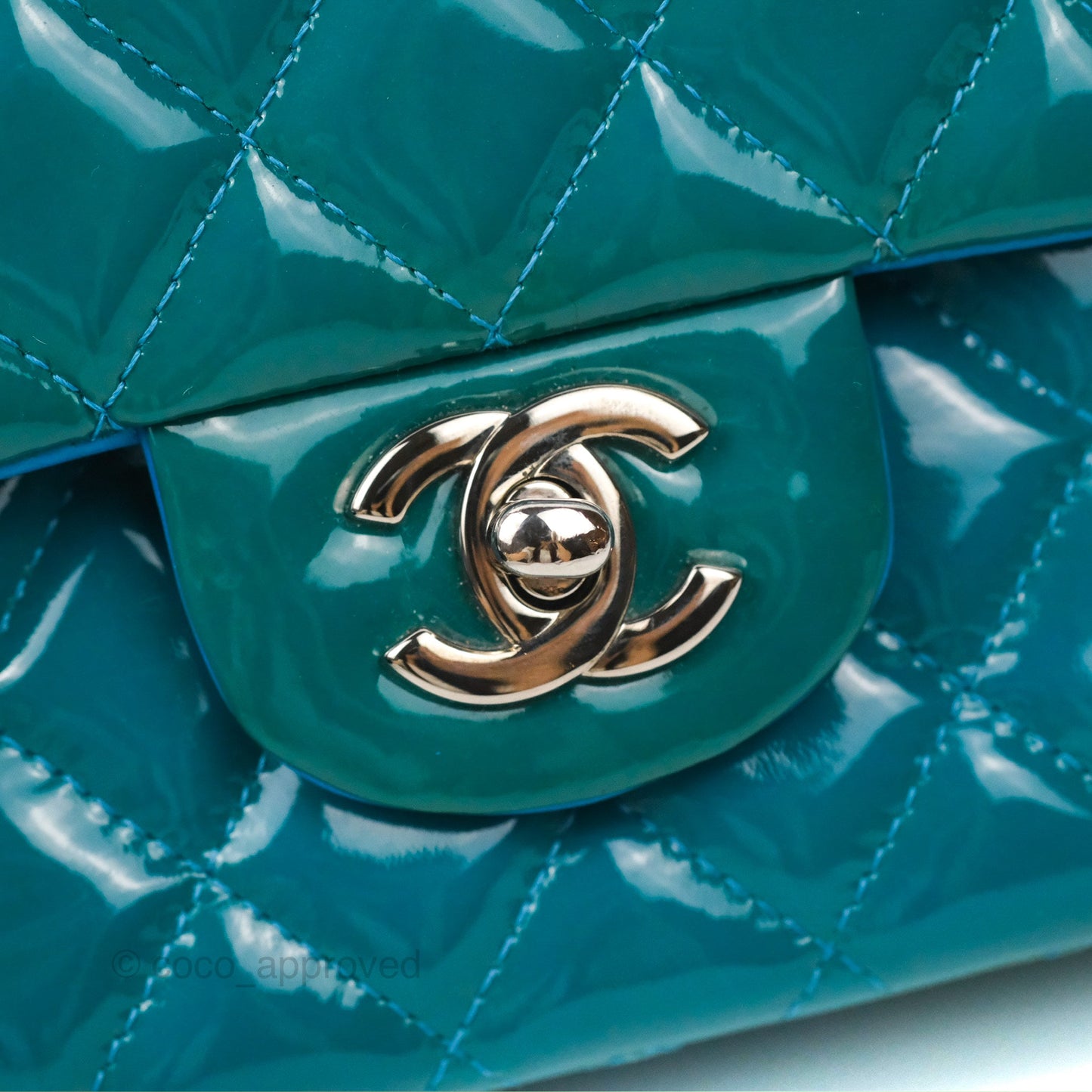 Chanel Classic M/L Medium Flap Quilted Turquoise Patent Silver Hardware