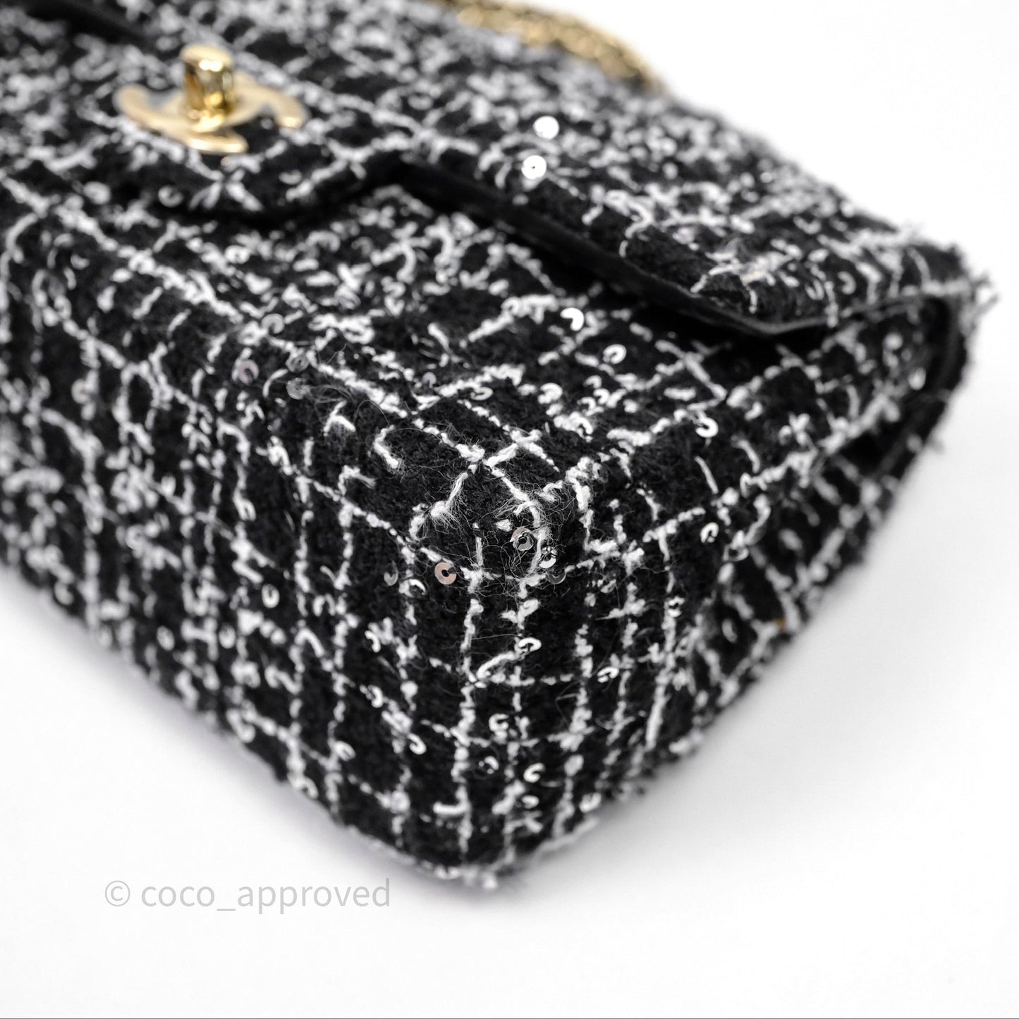 Chanel Top Handle Mini Rectangular Flap Black/ White Sequin Tweed Gold Hardware