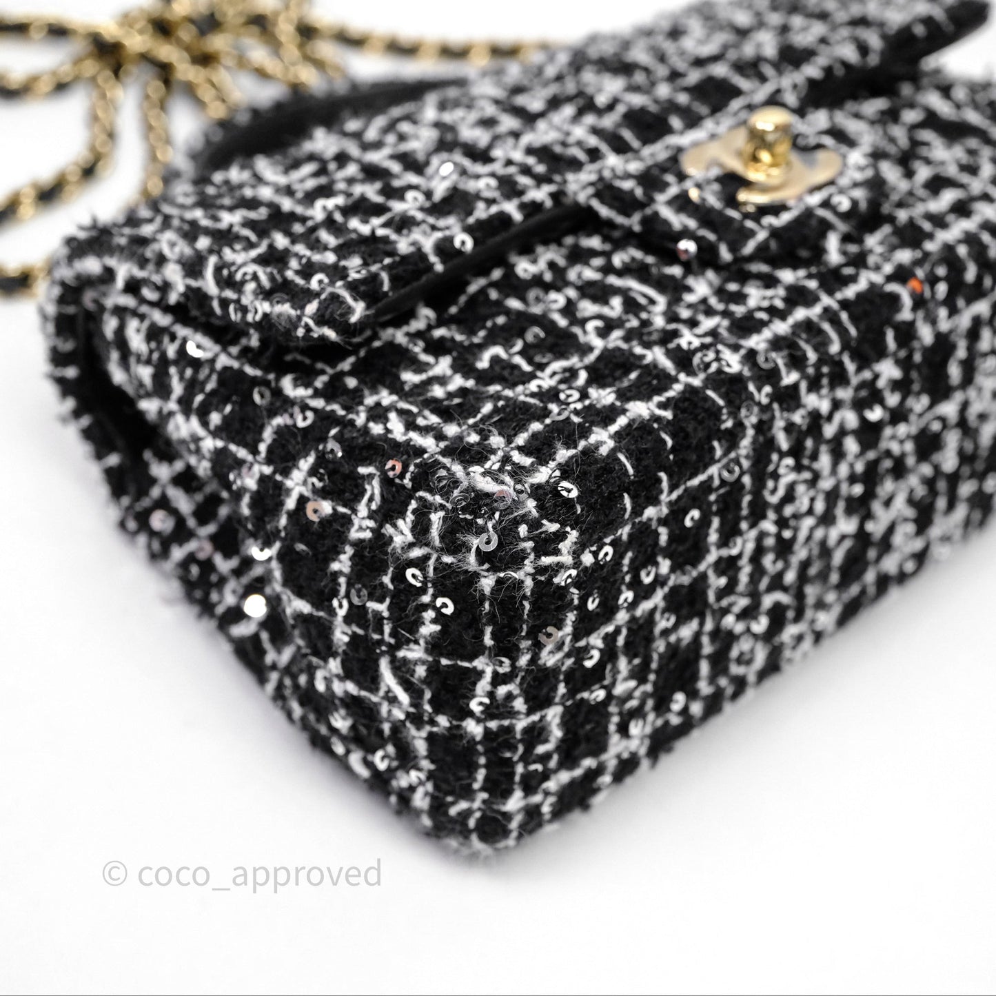 Chanel Top Handle Mini Rectangular Flap Black/ White Sequin Tweed Gold Hardware
