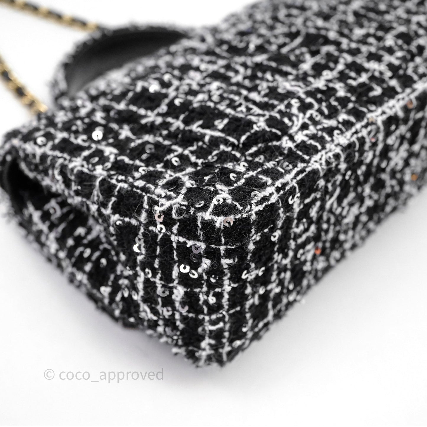 Chanel Top Handle Mini Rectangular Flap Black/ White Sequin Tweed Gold Hardware