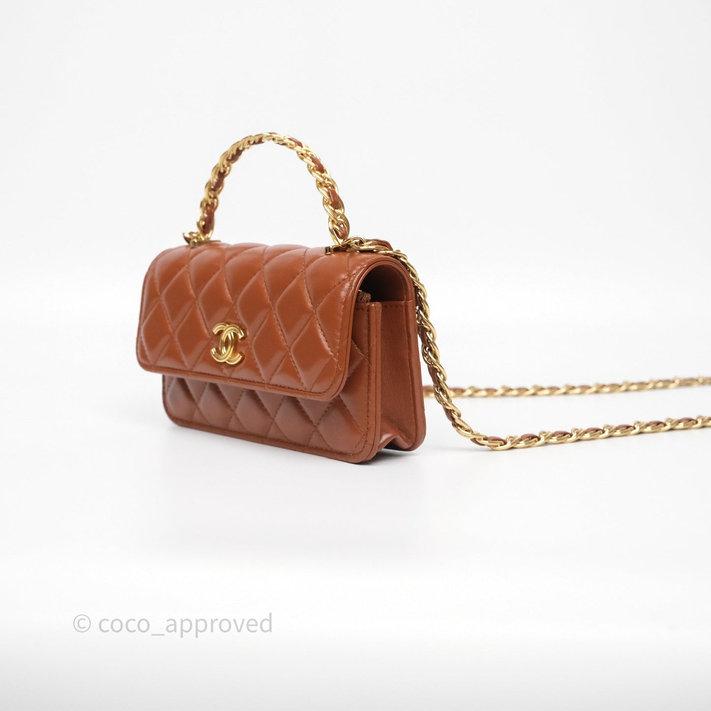 Chanel Top Handle Mini WOC Phone Holder with Chain Dark Caramel Lambskin Gold Hardware