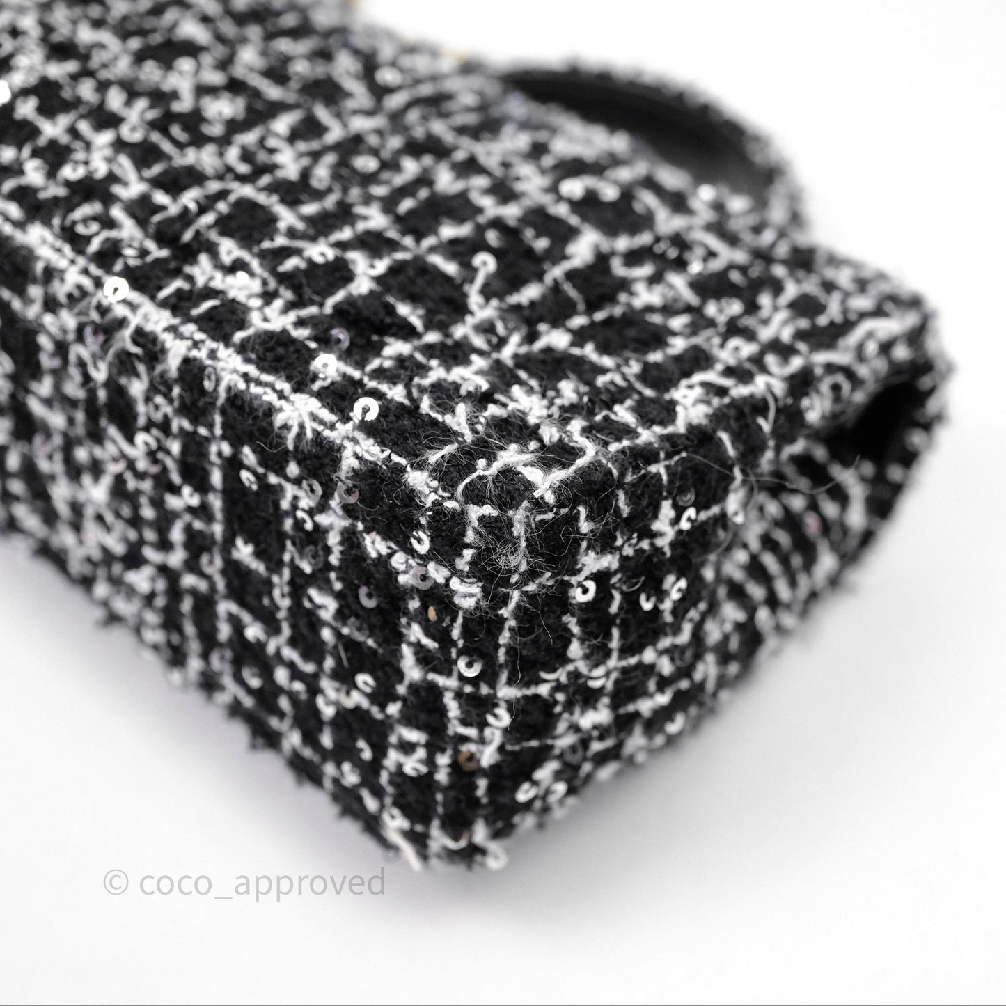Chanel Top Handle Mini Rectangular Flap Black/ White Sequin Tweed Gold Hardware