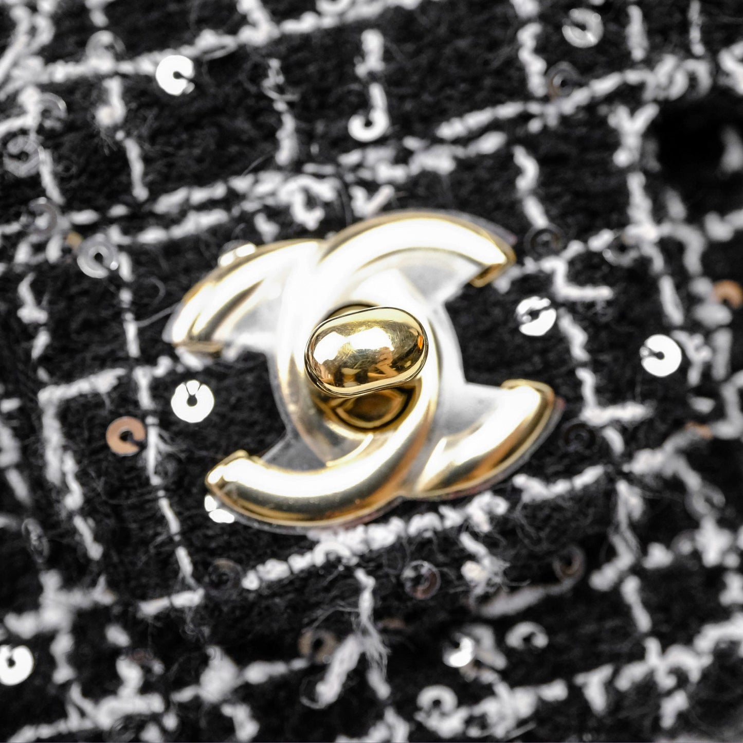 Chanel Top Handle Mini Rectangular Flap Black/ White Sequin Tweed Gold Hardware