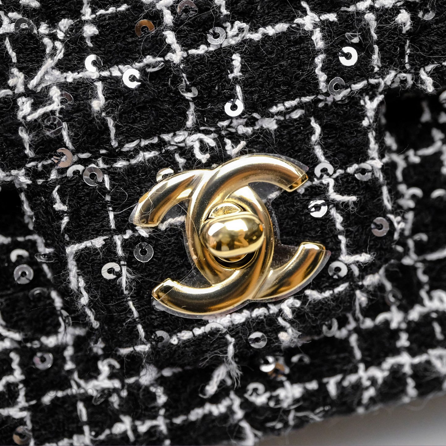 Chanel Top Handle Mini Rectangular Flap Black/ White Sequin Tweed Gold Hardware