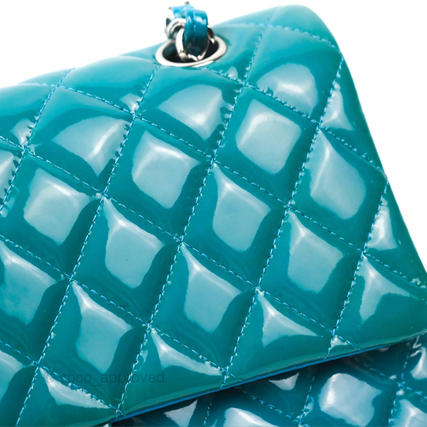 Chanel Classic M/L Medium Flap Quilted Turquoise Patent Silver Hardware