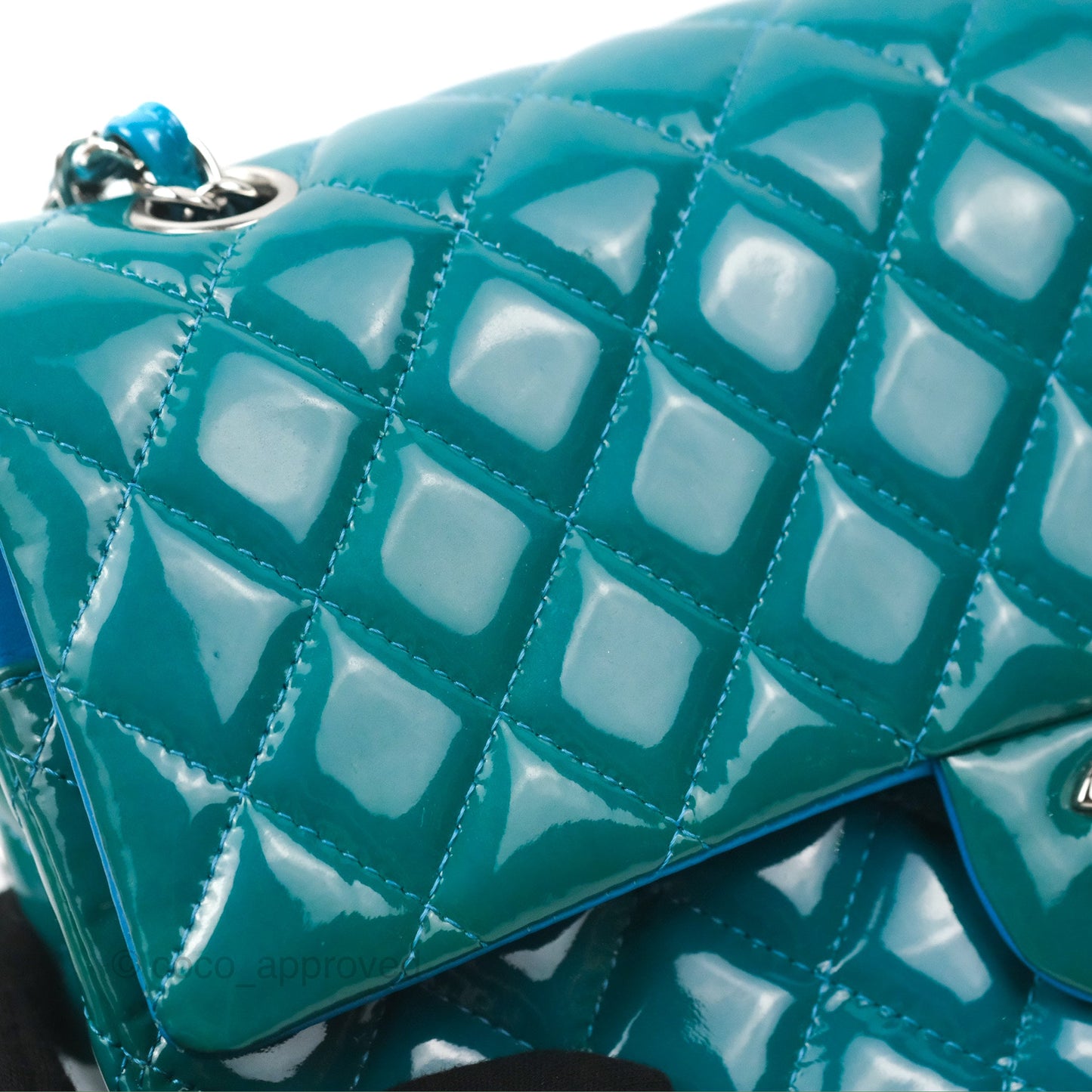 Chanel Classic M/L Medium Flap Quilted Turquoise Patent Silver Hardware