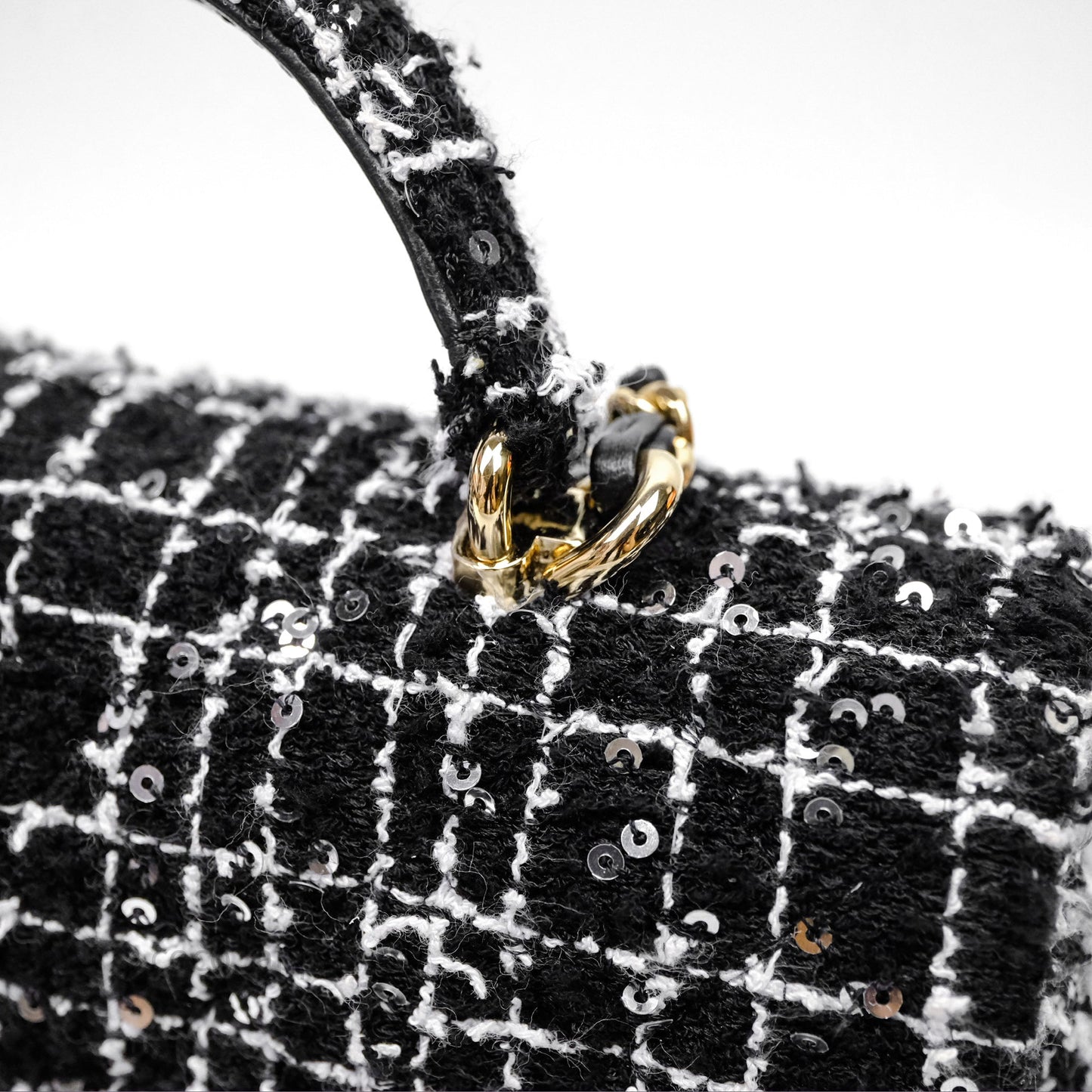 Chanel Top Handle Mini Rectangular Flap Black/ White Sequin Tweed Gold Hardware