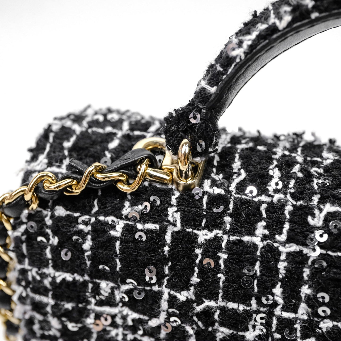 Chanel Top Handle Mini Rectangular Flap Black/ White Sequin Tweed Gold Hardware